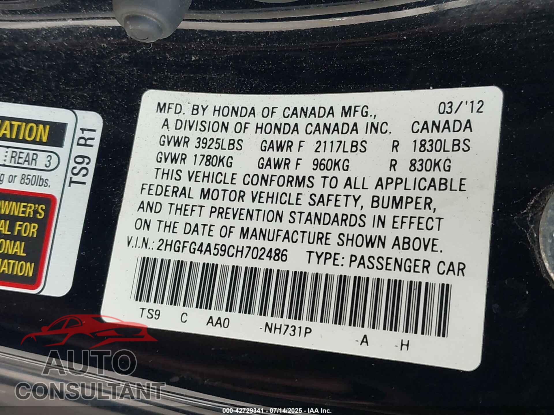 HONDA CIVIC 2012 - 2HGFG4A59CH702486
