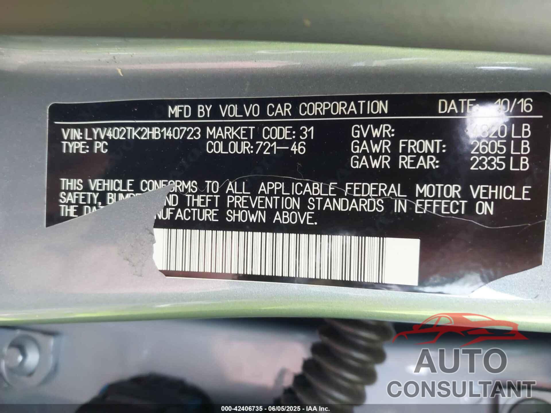 VOLVO S60 INSCRIPTION 2017 - LYV402TK2HB140723
