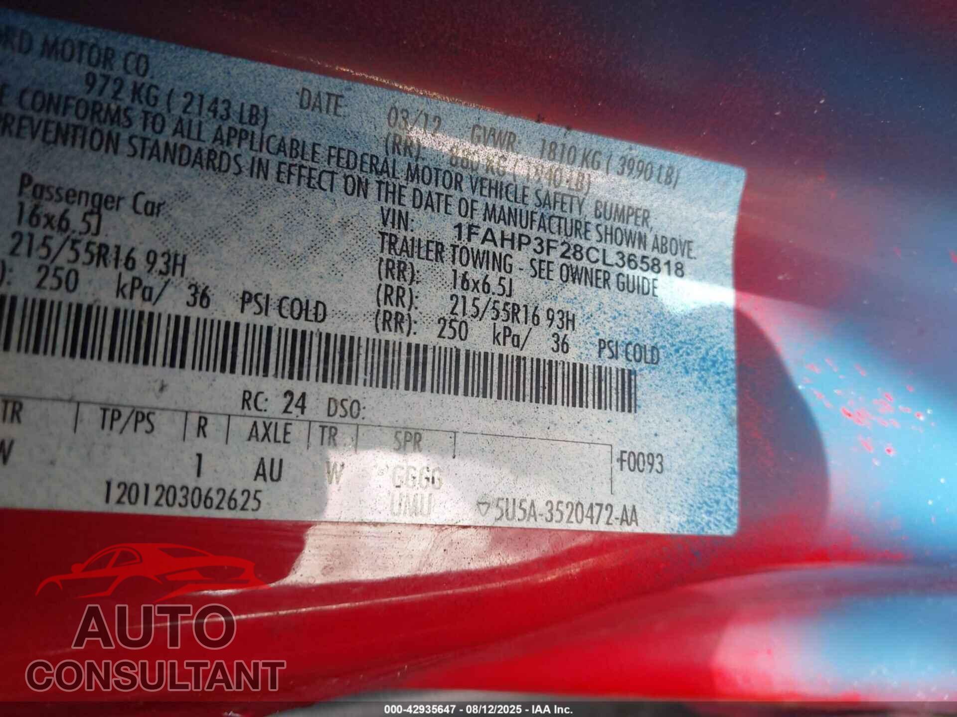 FORD FOCUS 2012 - 1FAHP3F28CL365818