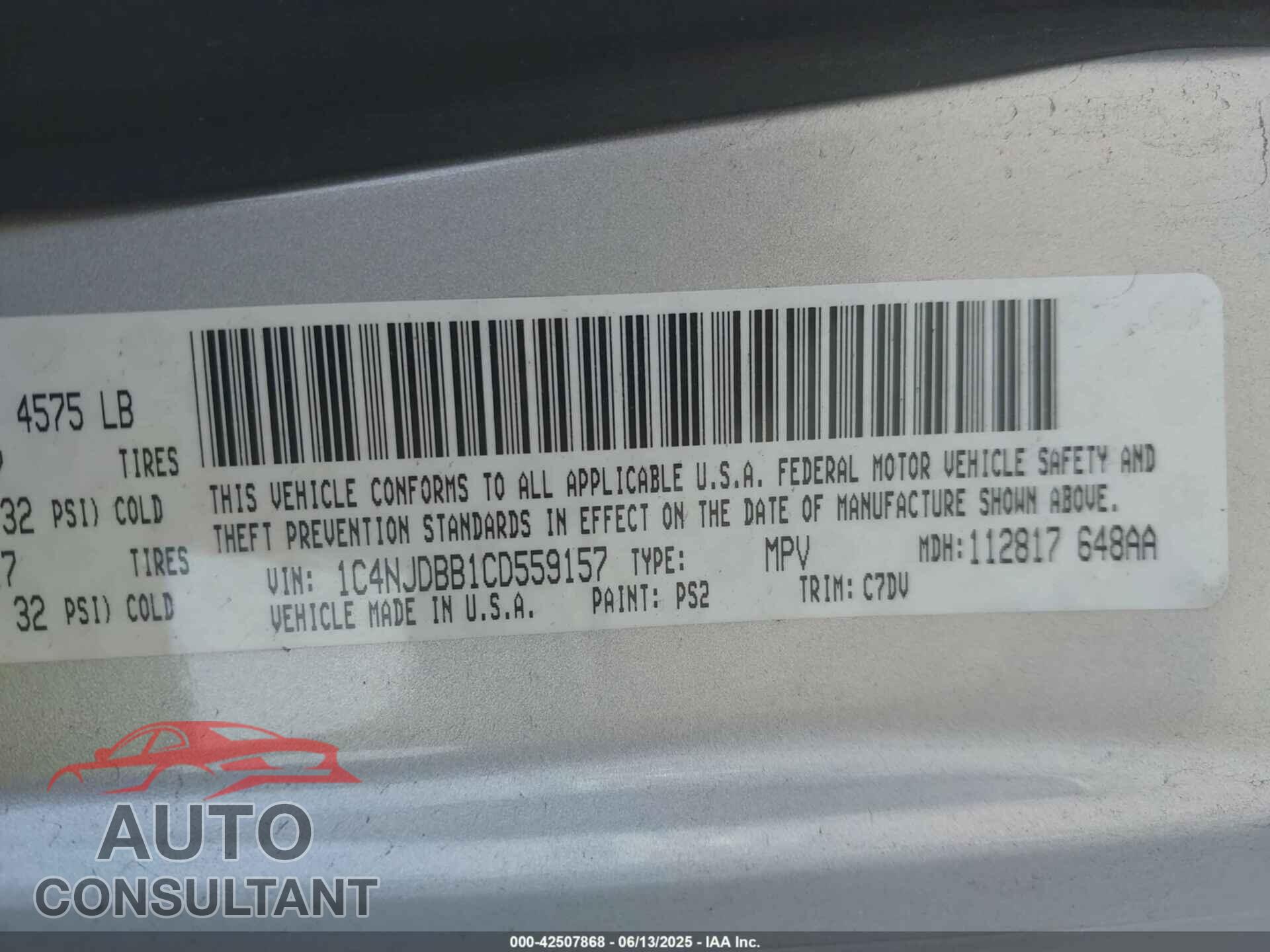 JEEP COMPASS 2012 - 1C4NJDBB1CD559157