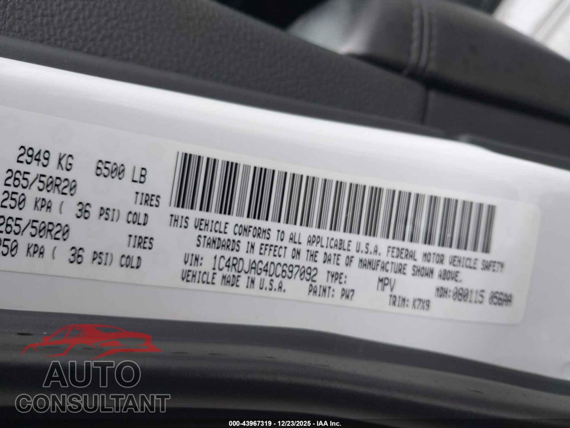 DODGE DURANGO 2013 - 1C4RDJAG4DC697092