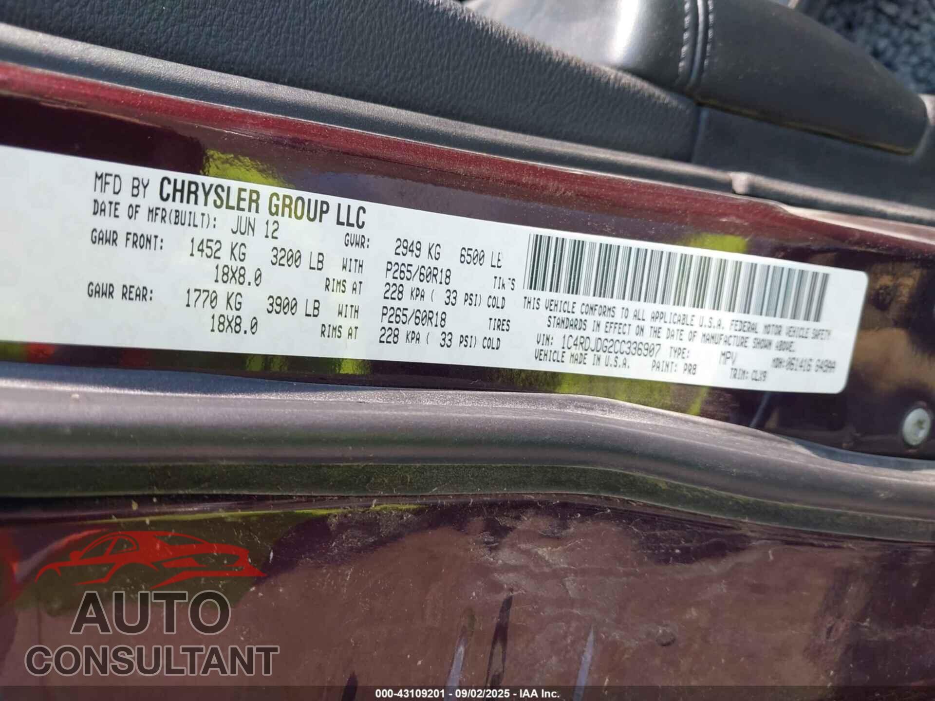 DODGE DURANGO 2012 - 1C4RDJDG2CC336907