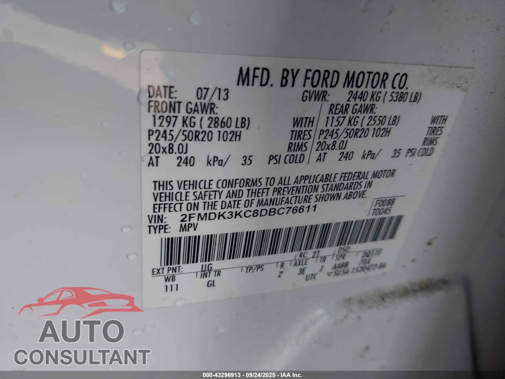 FORD EDGE 2013 - 2FMDK3KC8DBC76611