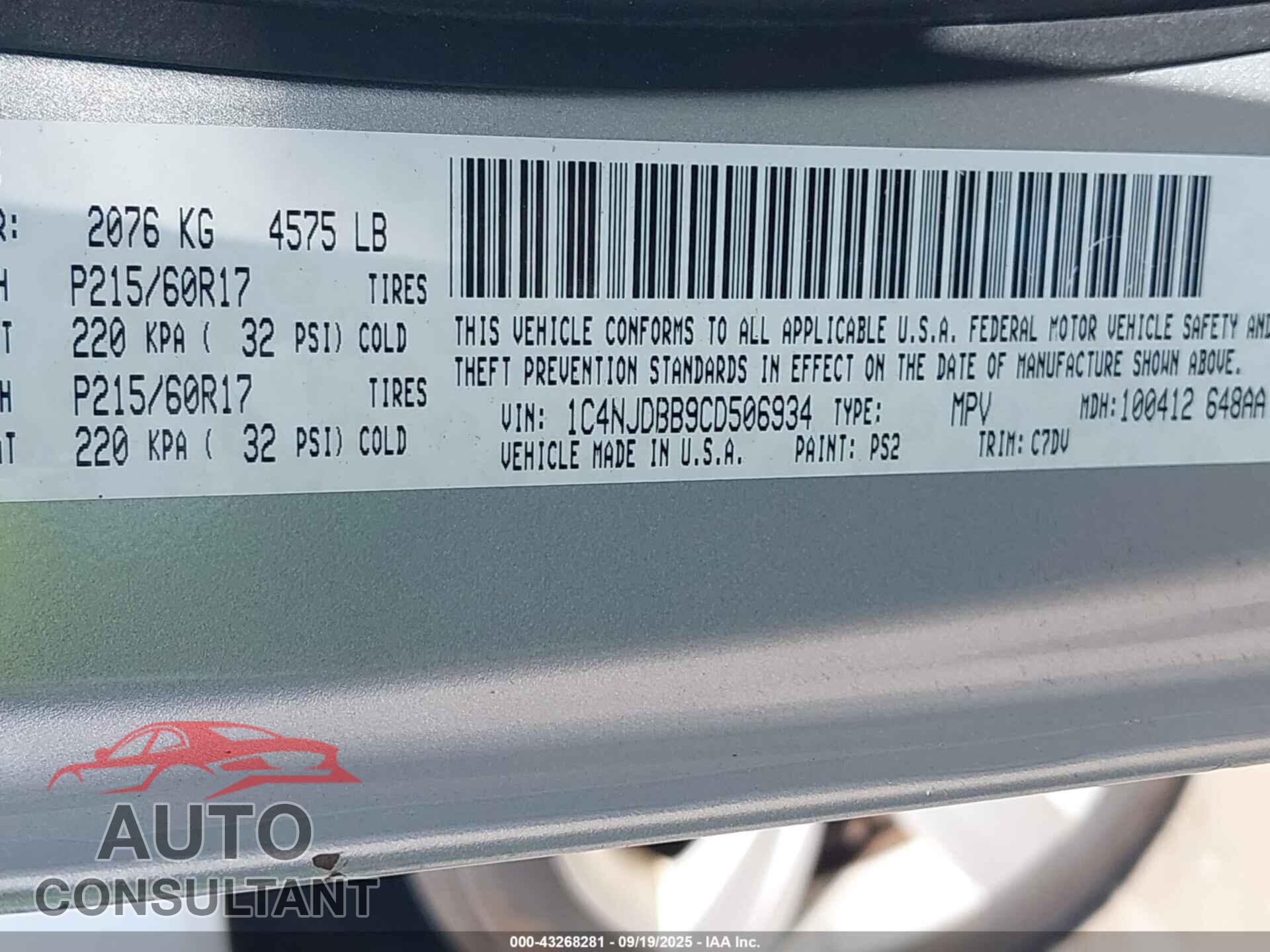JEEP COMPASS 2012 - 1C4NJDBB9CD506934