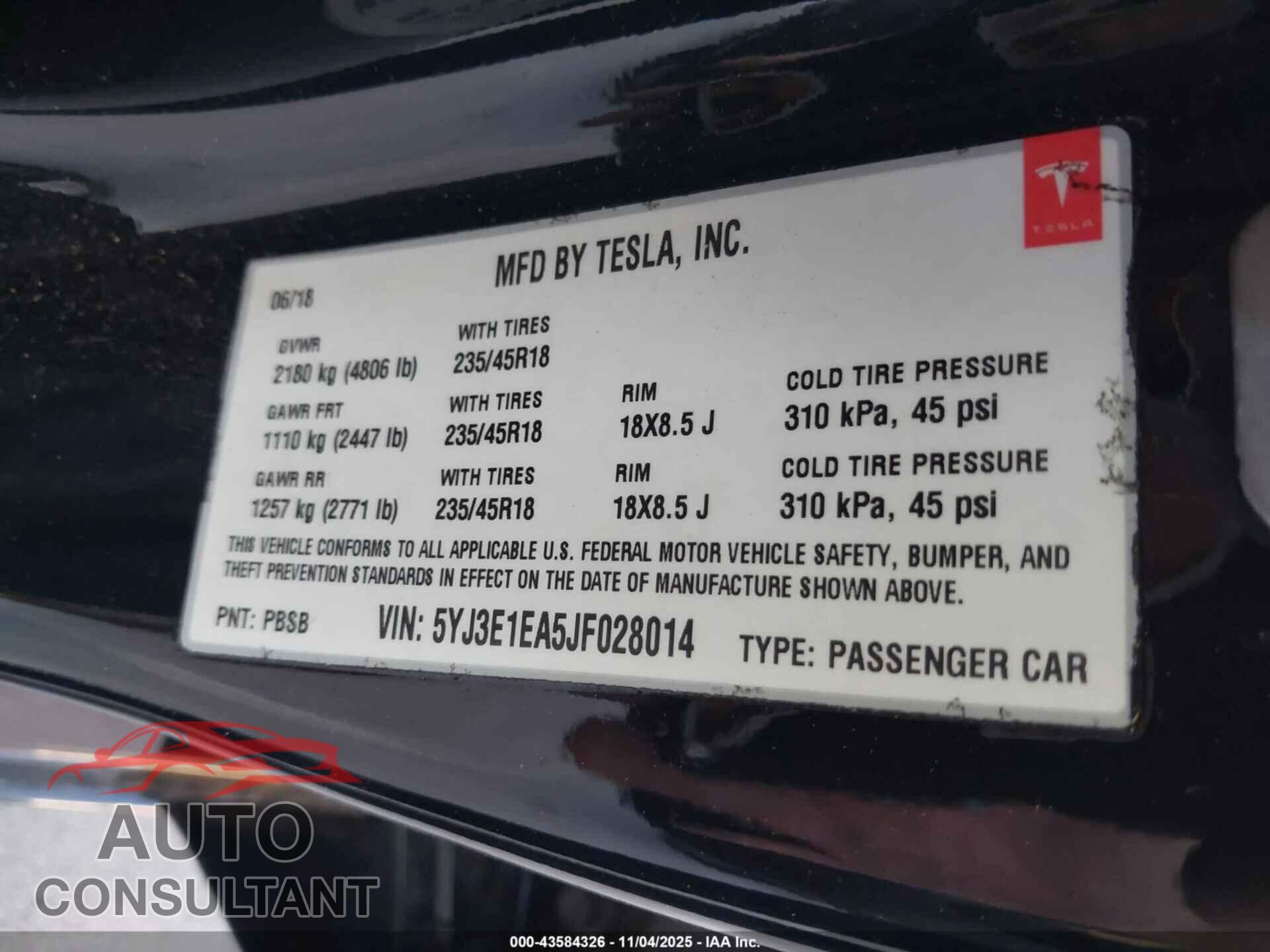 TESLA MODEL 3 2018 - 5YJ3E1EA5JF028014