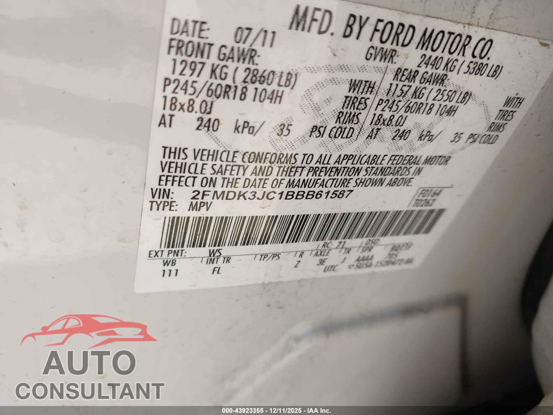 FORD EDGE 2011 - 2FMDK3JC1BBB61587