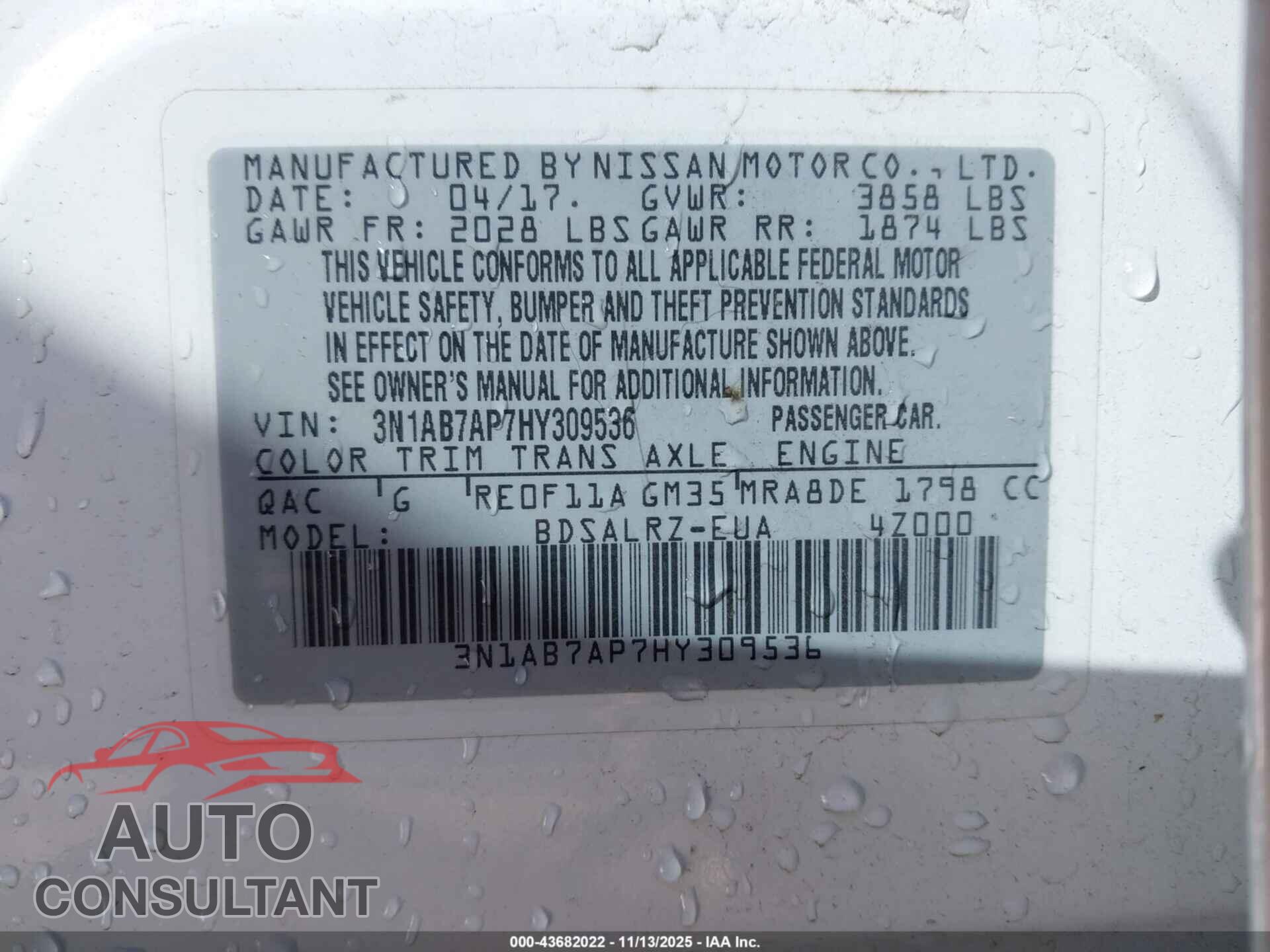 NISSAN SENTRA 2017 - 3N1AB7AP7HY309536