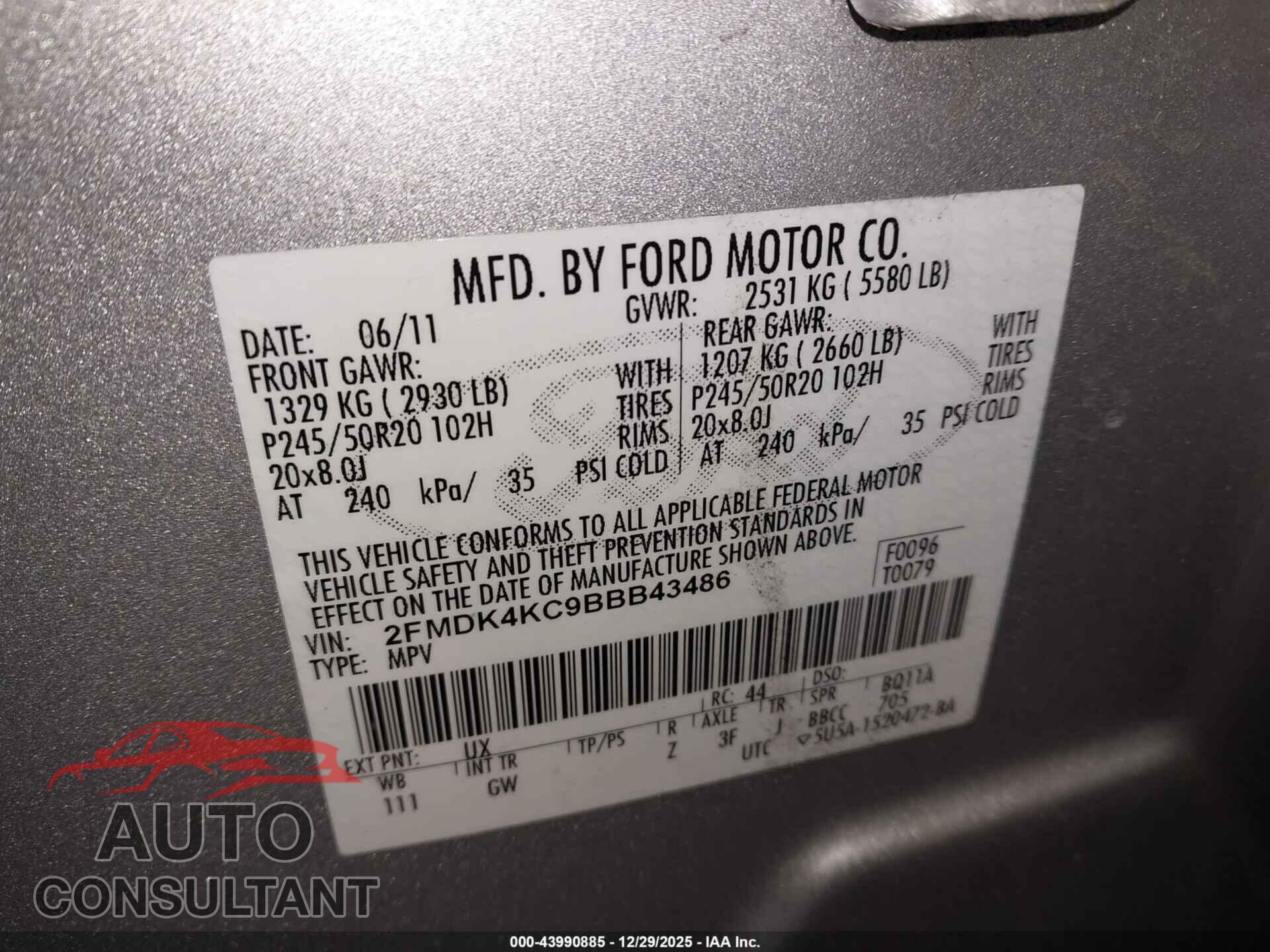 FORD EDGE 2011 - 2FMDK4KC9BBB43486