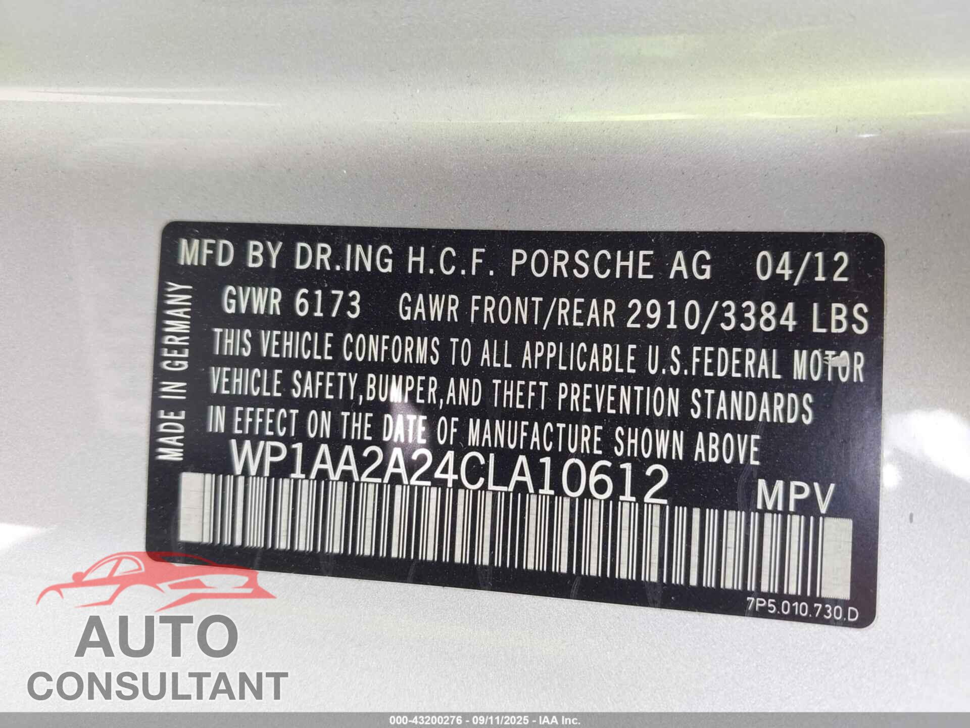 PORSCHE CAYENNE 2012 - WP1AA2A24CLA10612