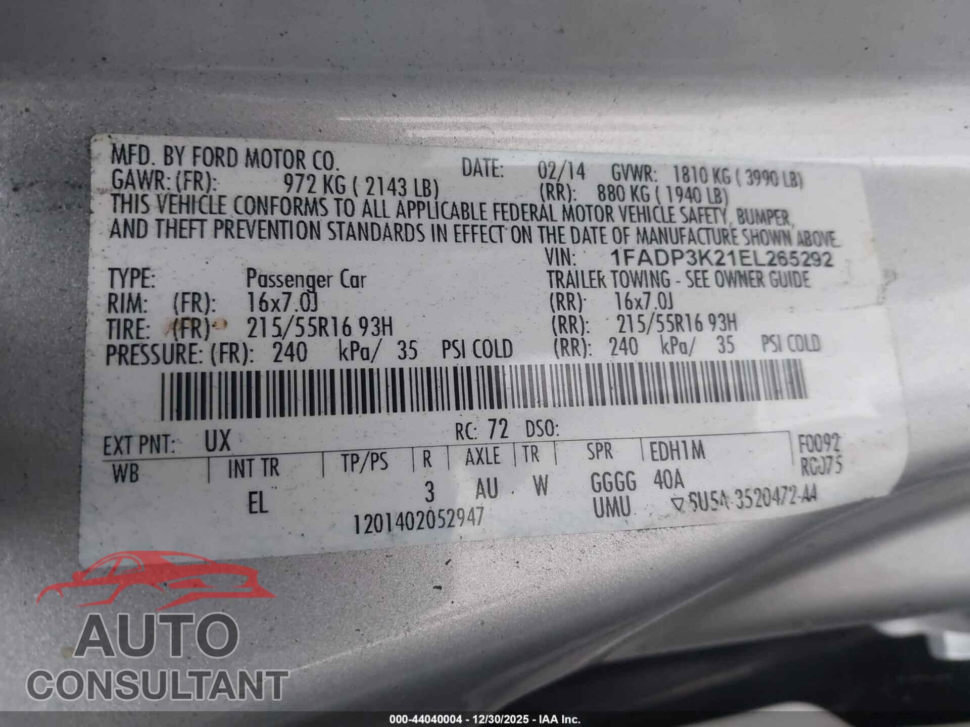 FORD FOCUS 2014 - 1FADP3K21EL265292
