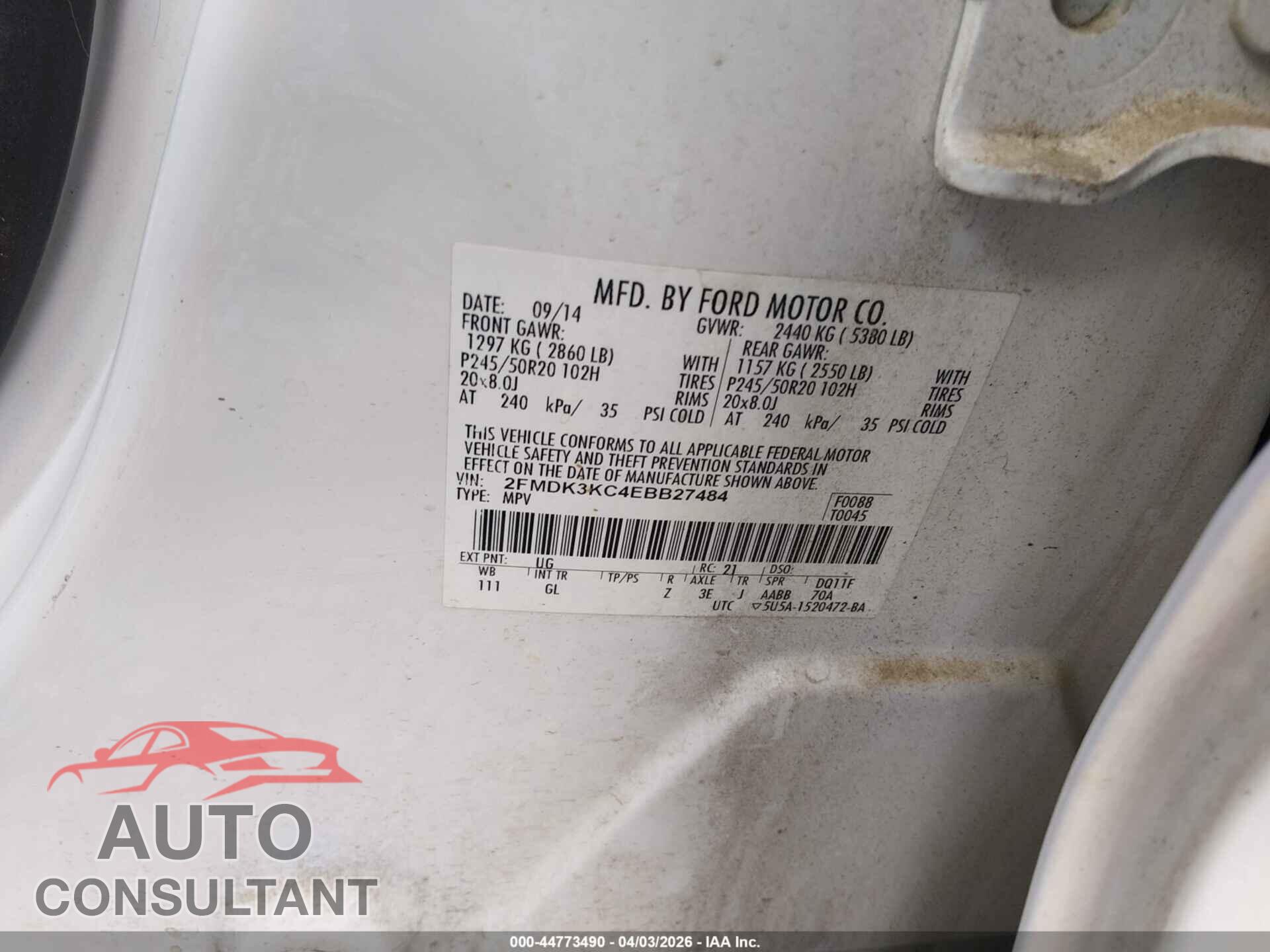 FORD EDGE 2014 - 2FMDK3KC4EBB27484