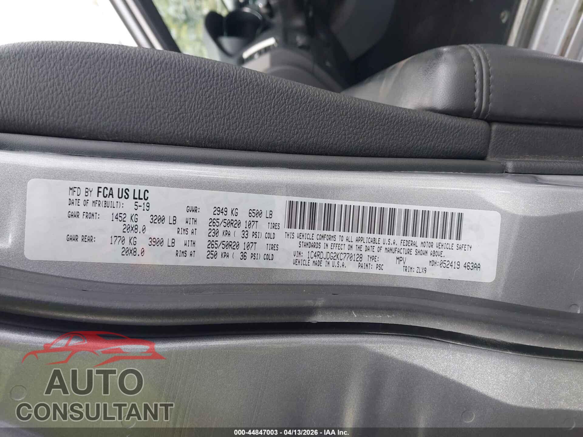 DODGE DURANGO 2019 - 1C4RDJDG2KC770128