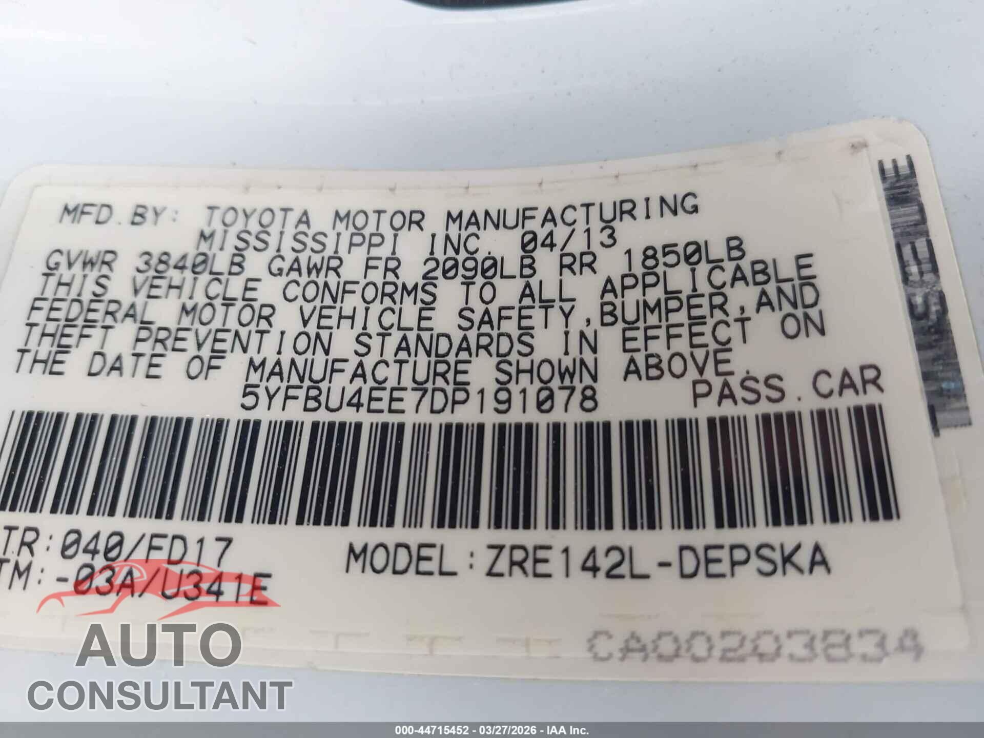 TOYOTA COROLLA 2013 - 5YFBU4EE7DP191078