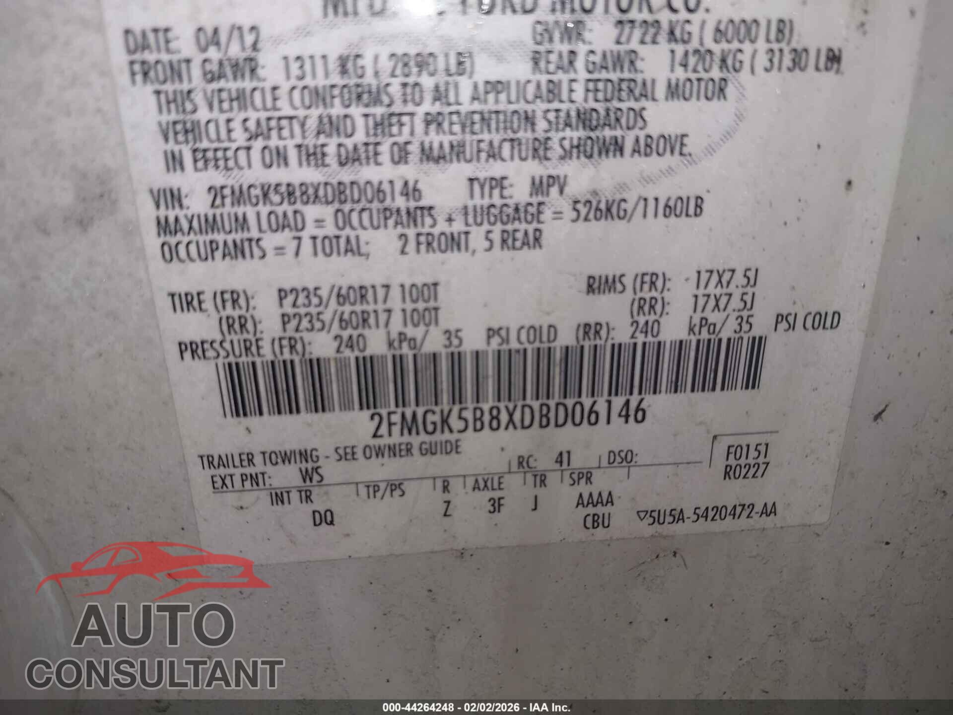 FORD FLEX 2013 - 2FMGK5B8XDBD06146