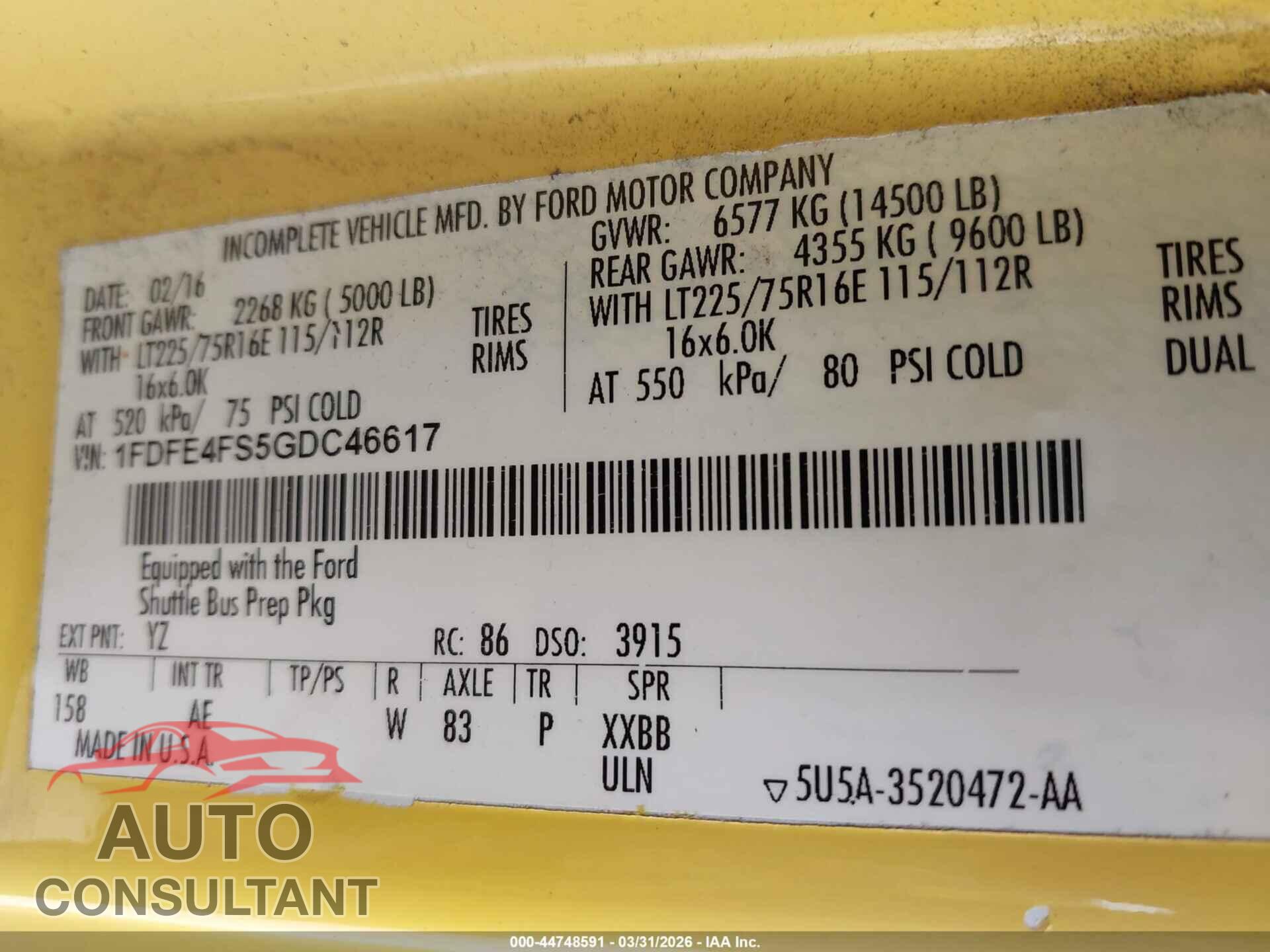 FORD E-450 CUTAWAY 2016 - 1FDFE4FS5GDC46617