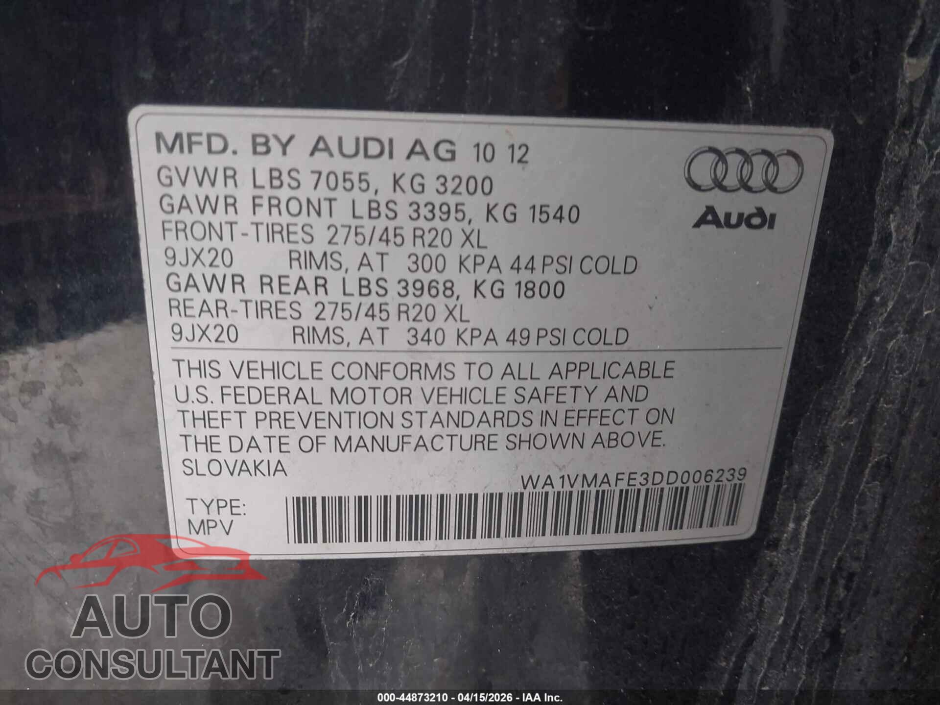 AUDI Q7 2013 - WA1VMAFE3DD006239