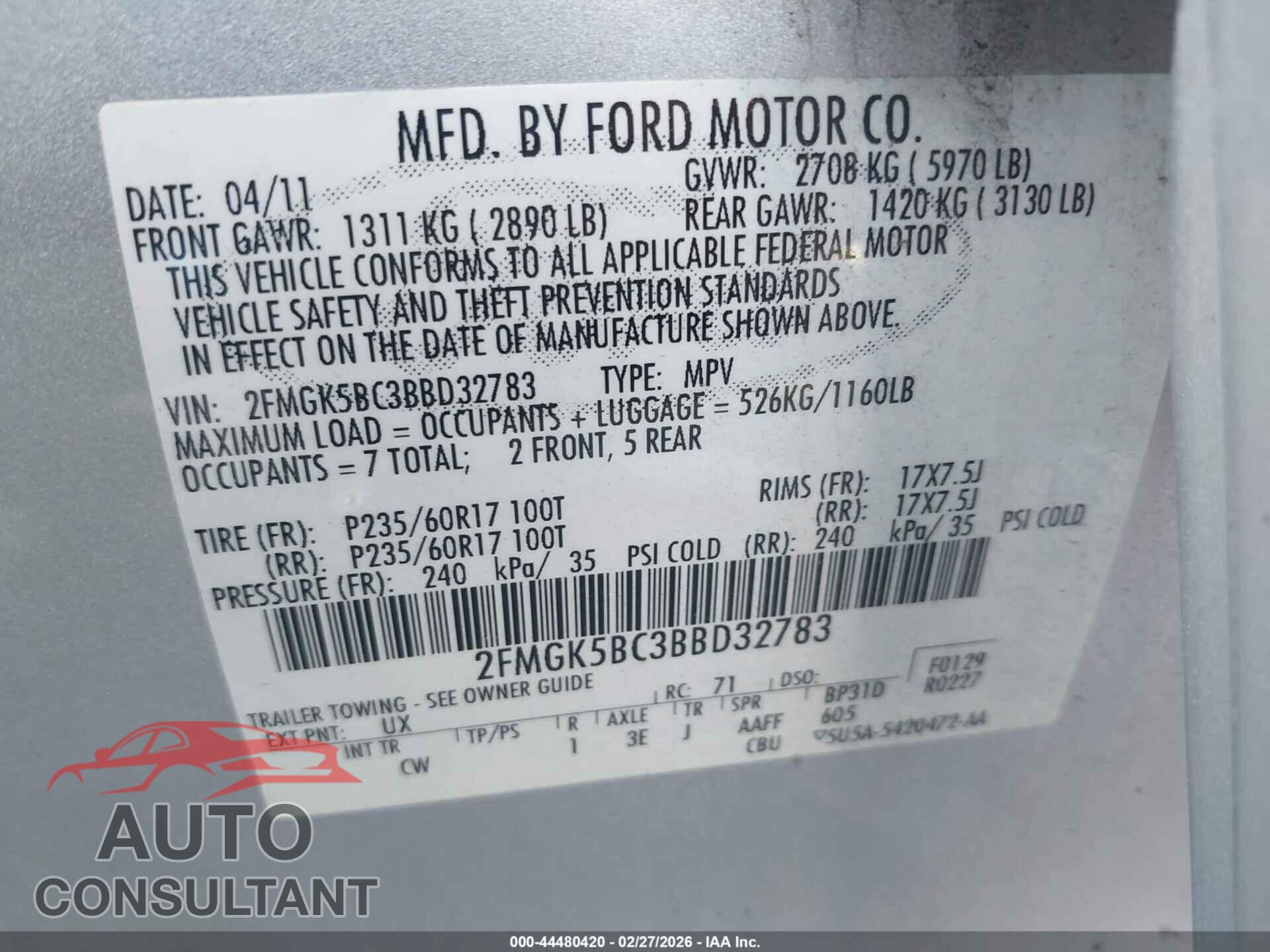 FORD FLEX 2011 - 2FMGK5BC3BBD32783