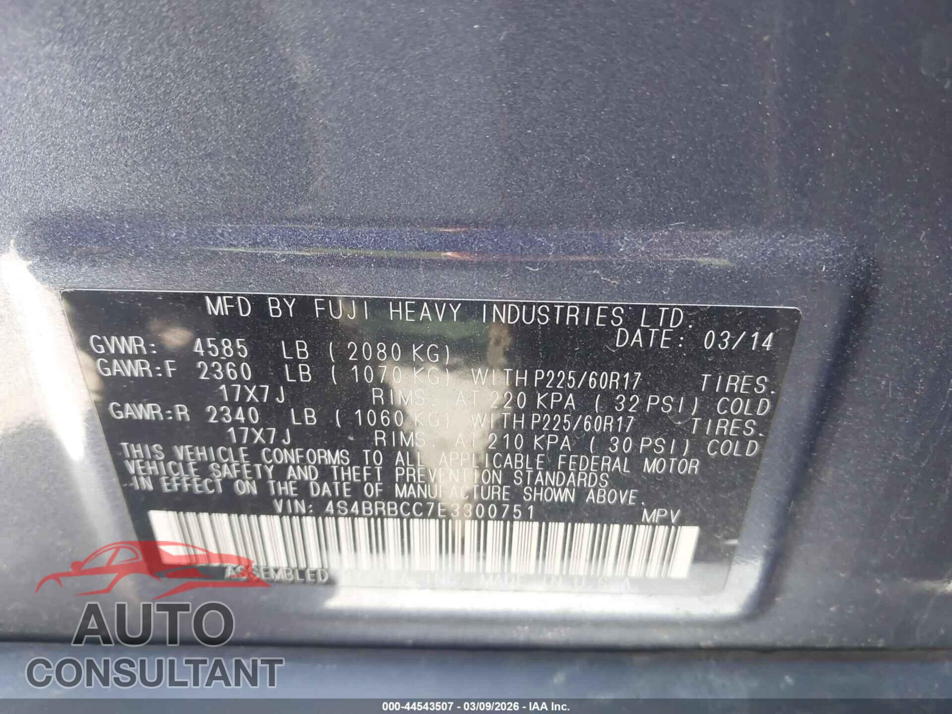 SUBARU OUTBACK 2014 - 4S4BRBCC7E3300751