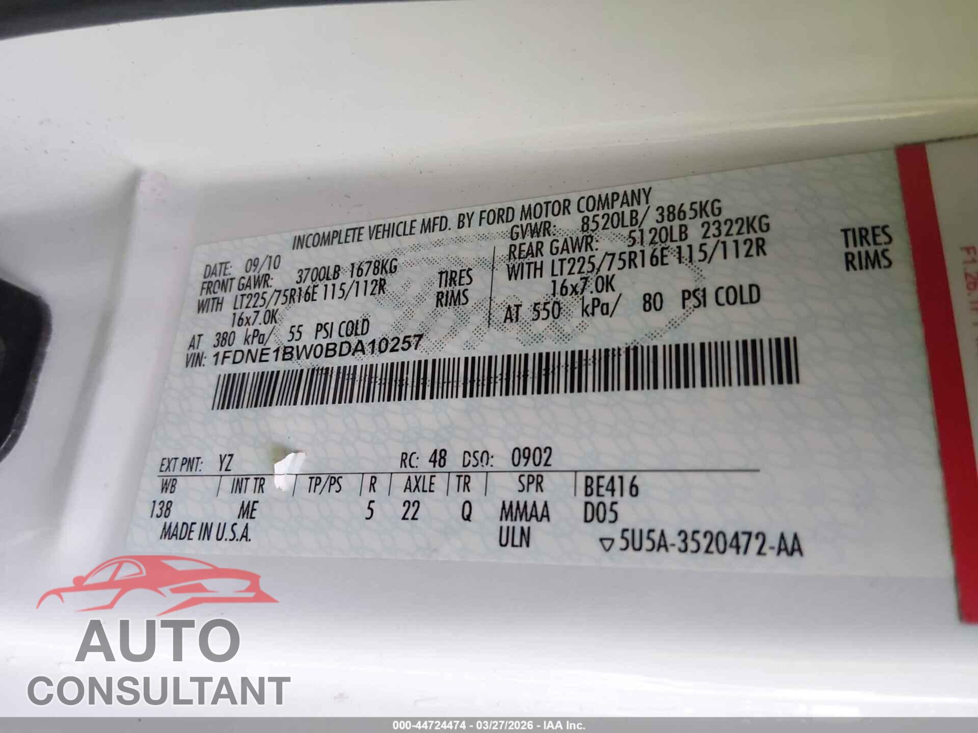 FORD E-150 2011 - 1FDNE1BW0BDA10257