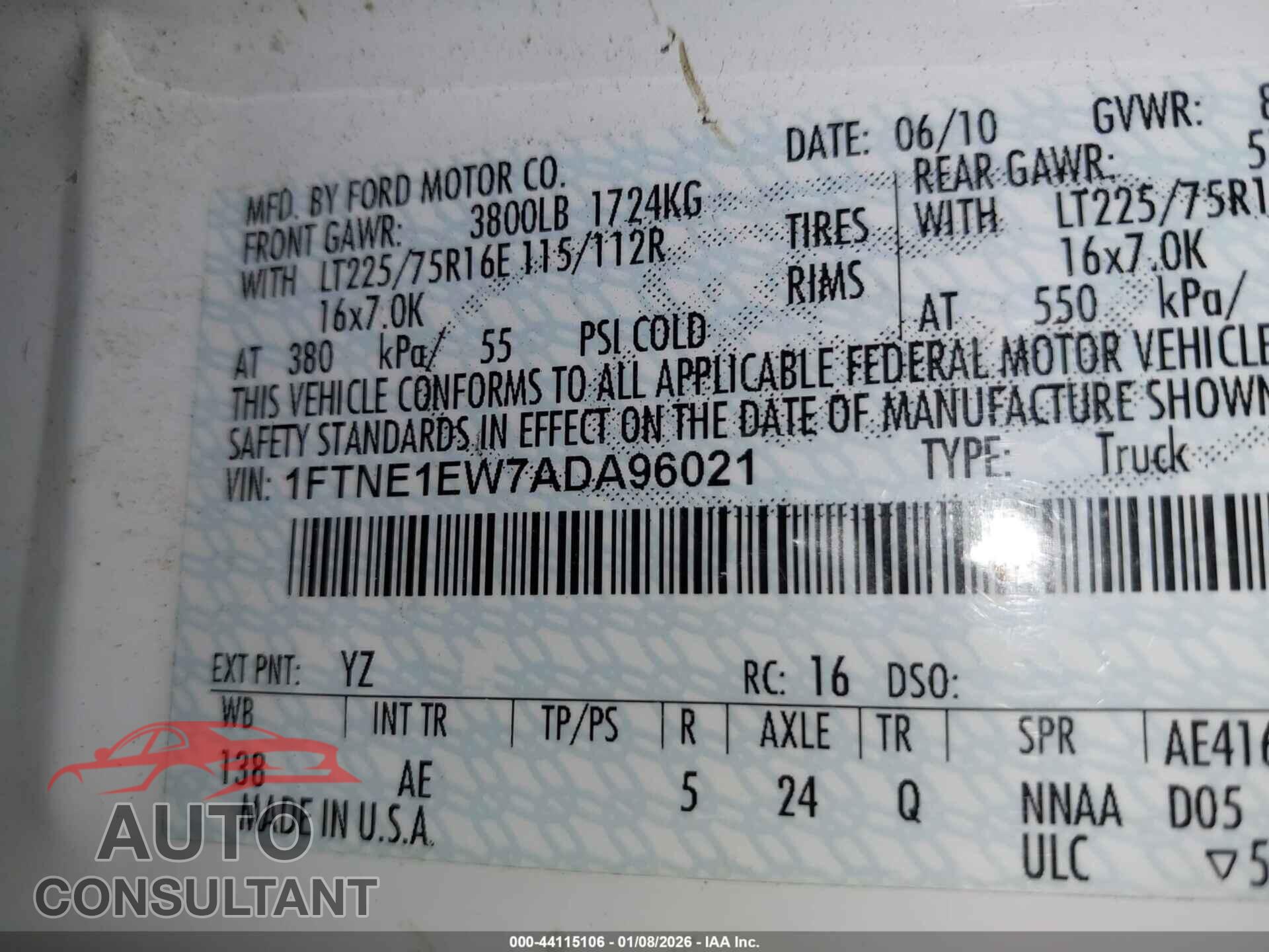 FORD E-150 2010 - 1FTNE1EW7ADA96021