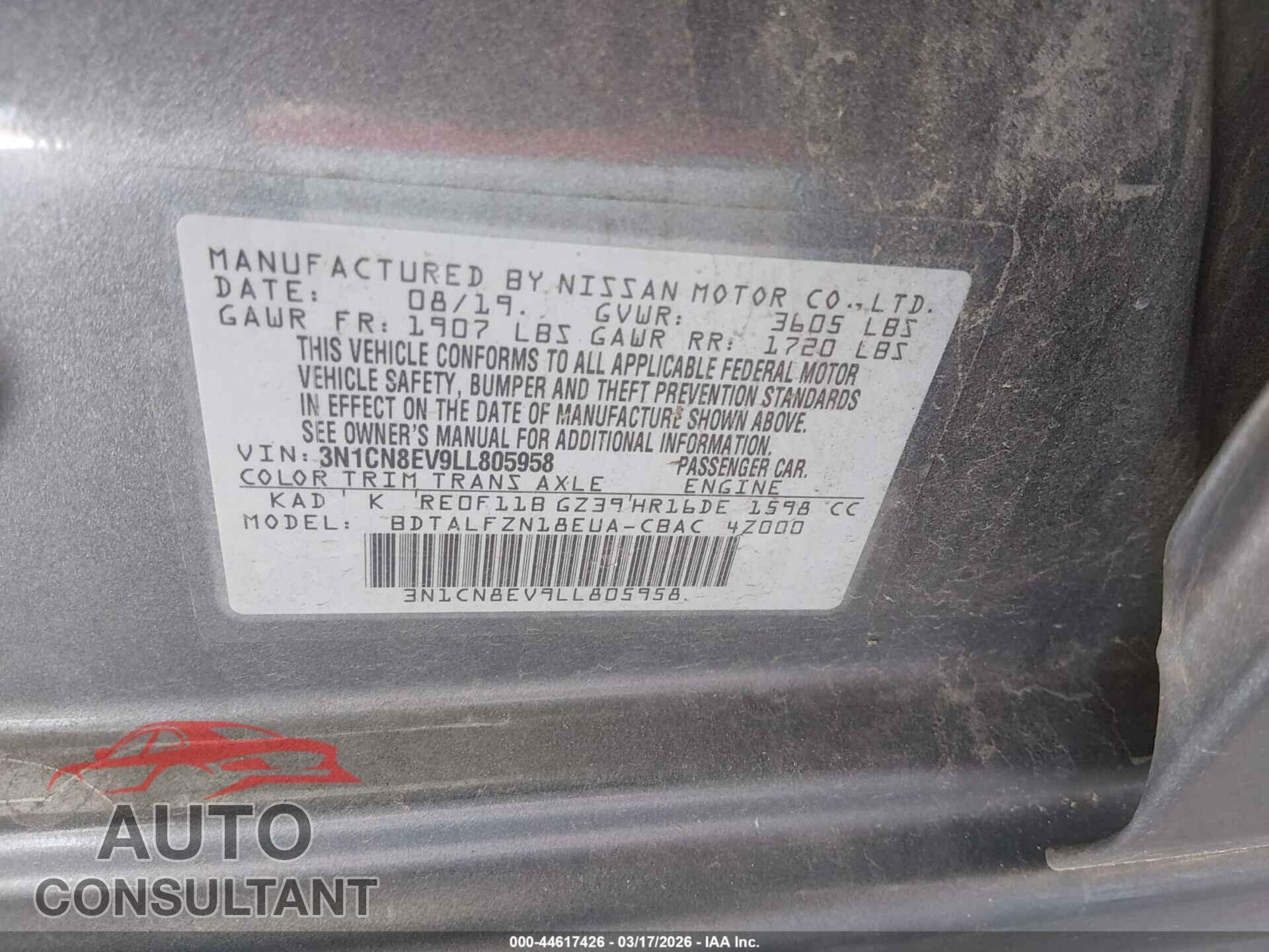 NISSAN VERSA 2020 - 3N1CN8EV9LL805958