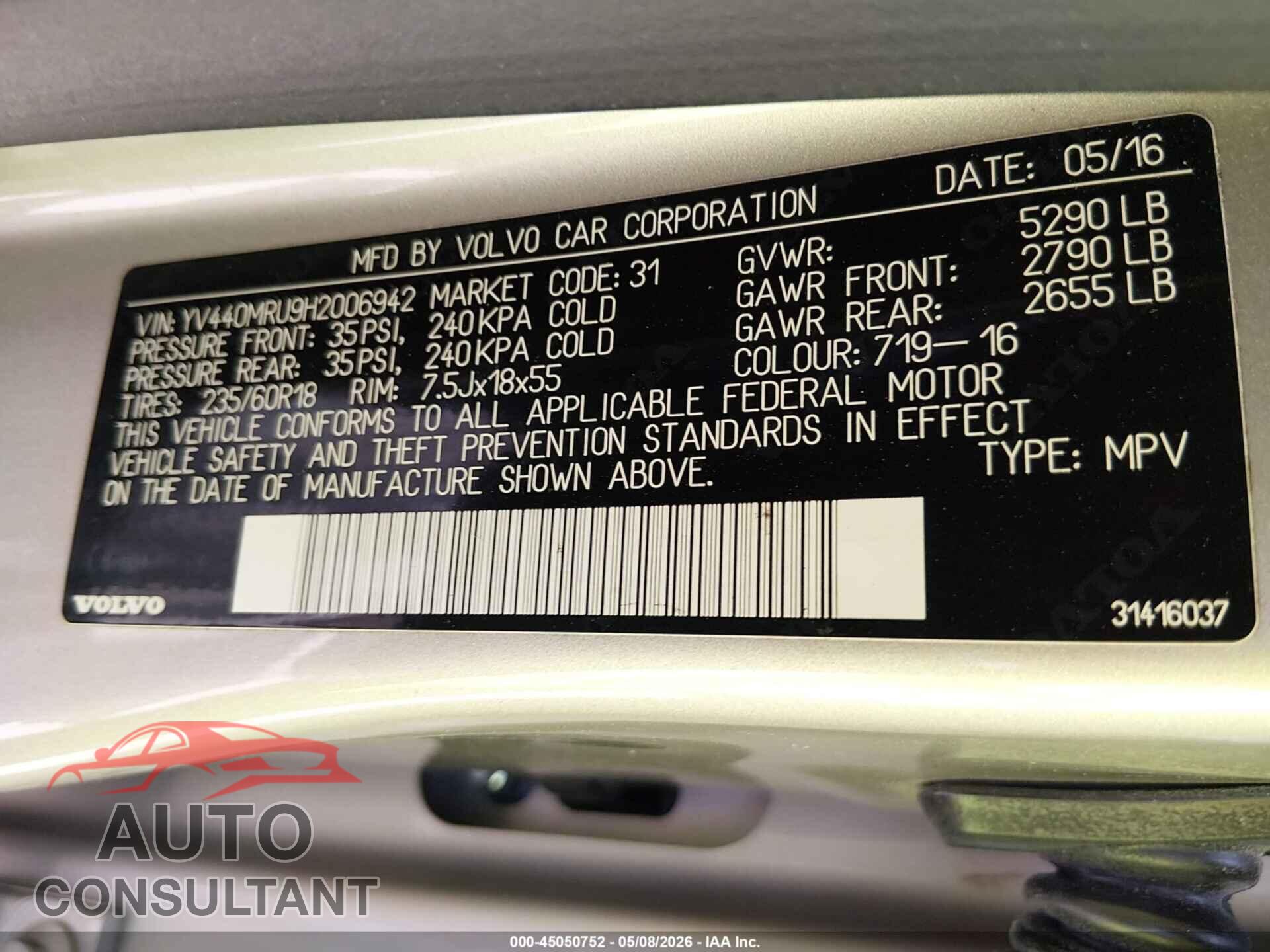 VOLVO XC60 2017 - YV440MRU9H2006942