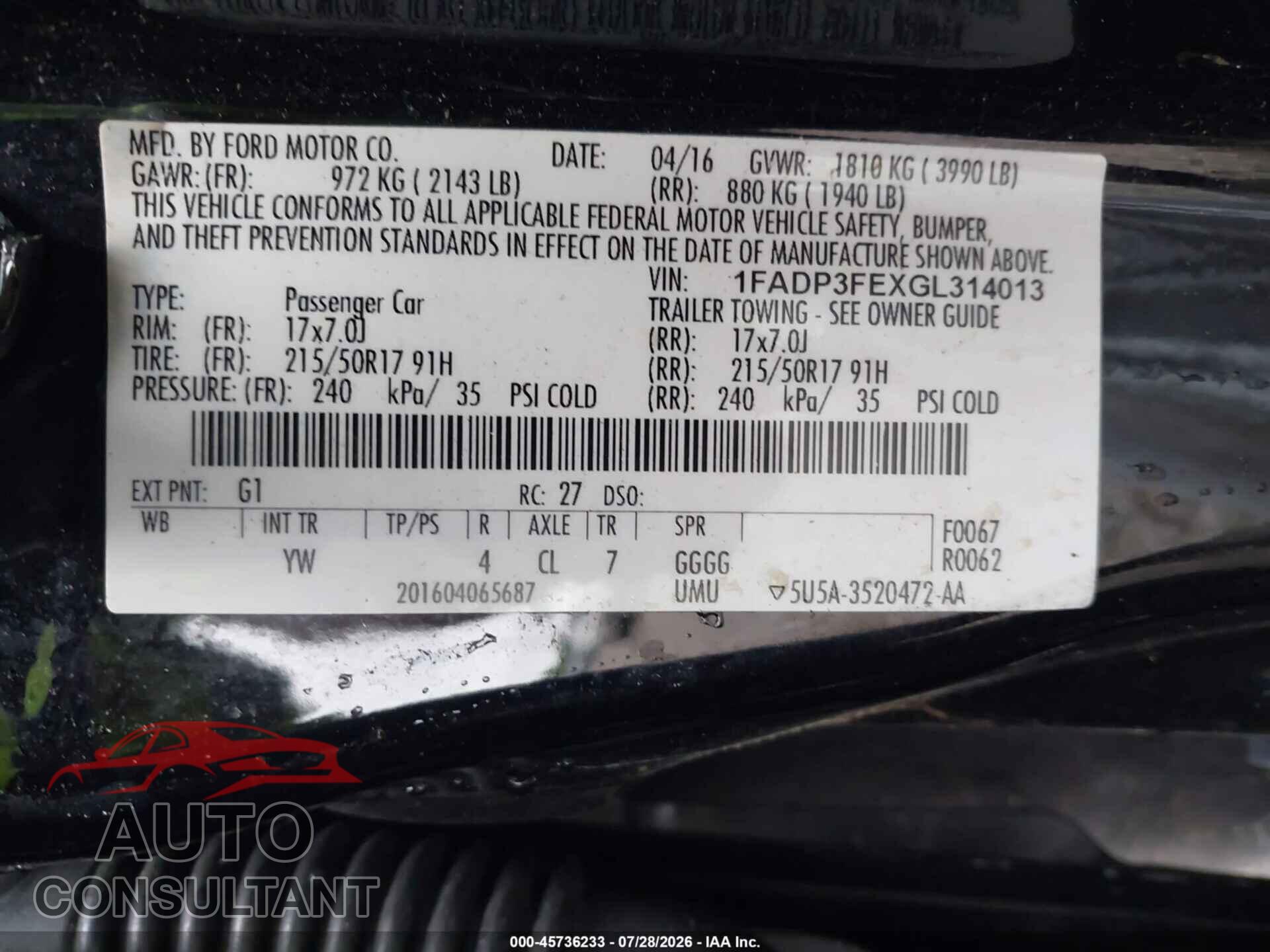 FORD FOCUS 2016 - 1FADP3FEXGL314013