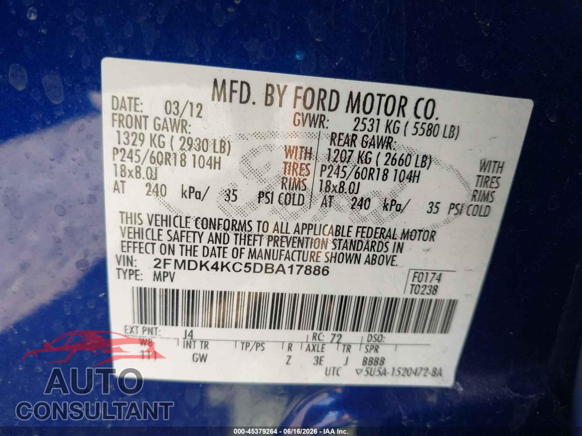 FORD EDGE 2013 - 2FMDK4KC5DBA17886