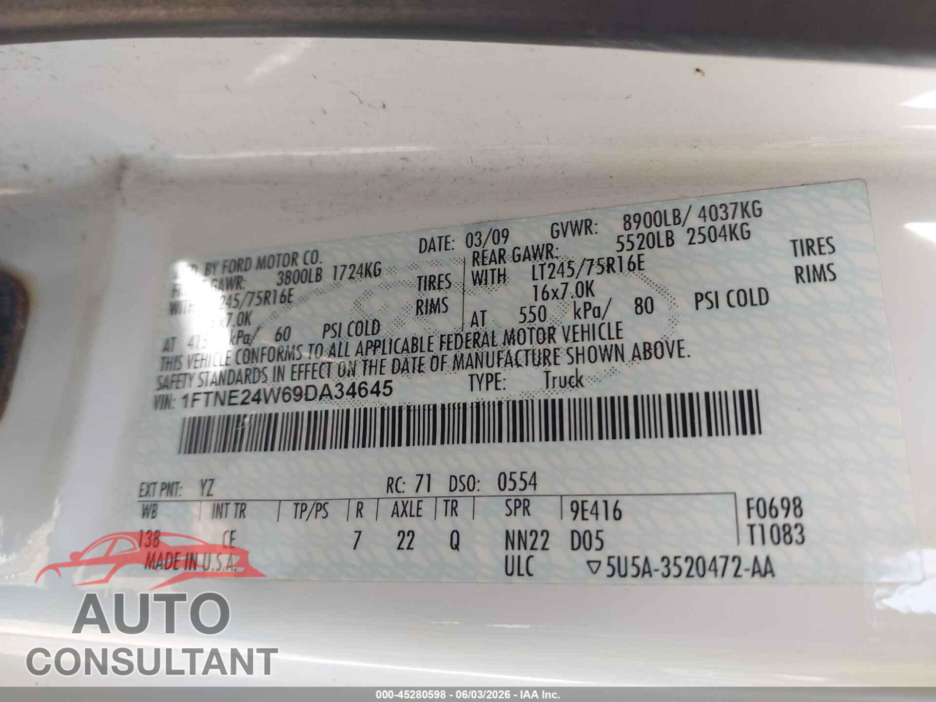FORD ECONOLINE 2009 - 1FTNE24W69DA34645