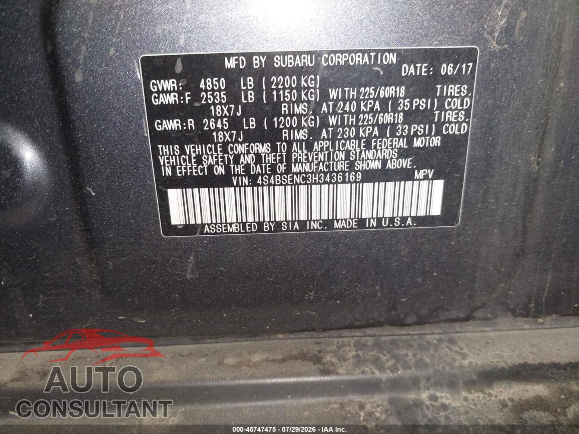 SUBARU OUTBACK 2017 - 4S4BSENC3H3436169