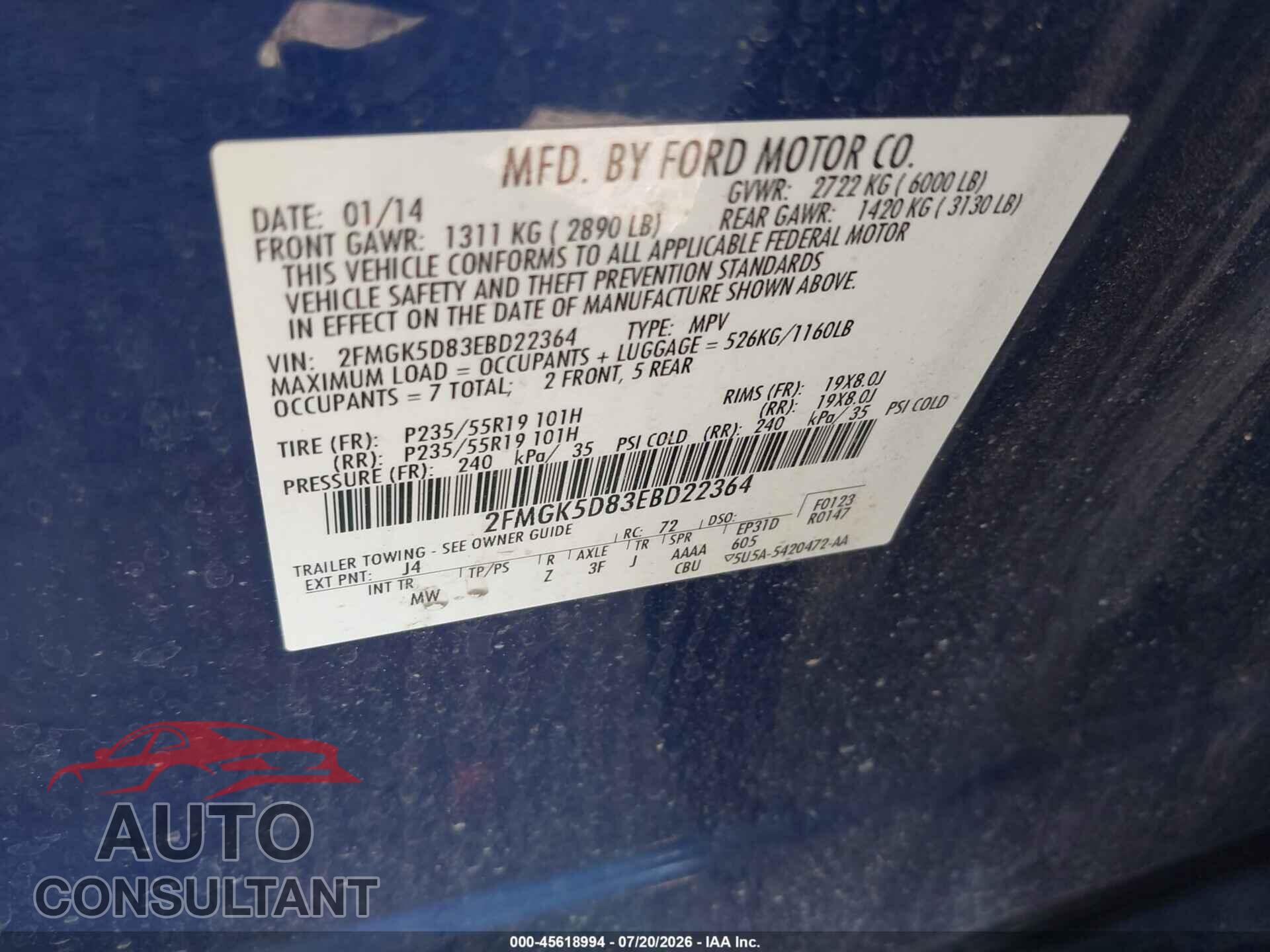 FORD FLEX 2014 - 2FMGK5D83EBD22364