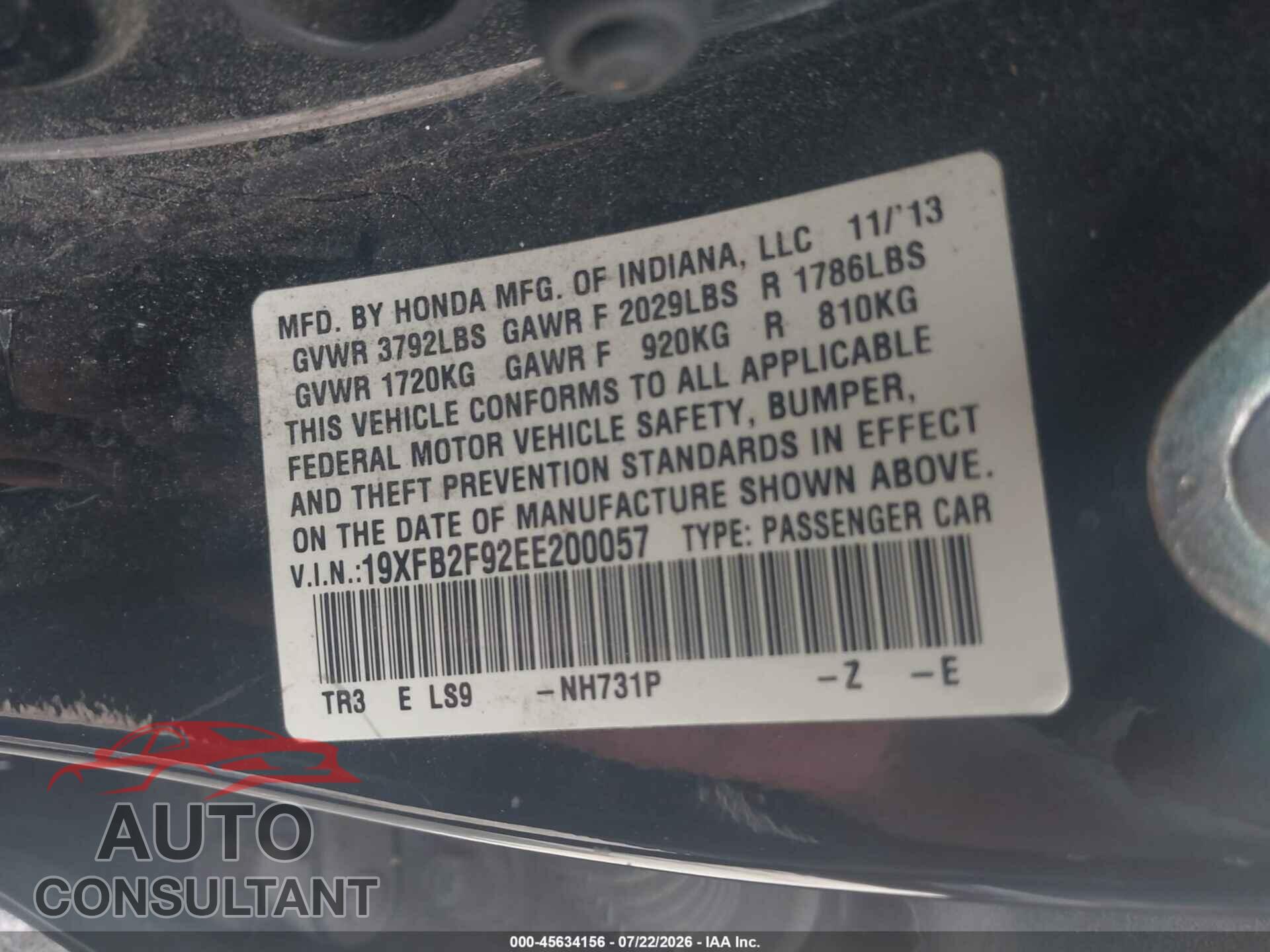 HONDA CIVIC 2014 - 19XFB2F92EE200057