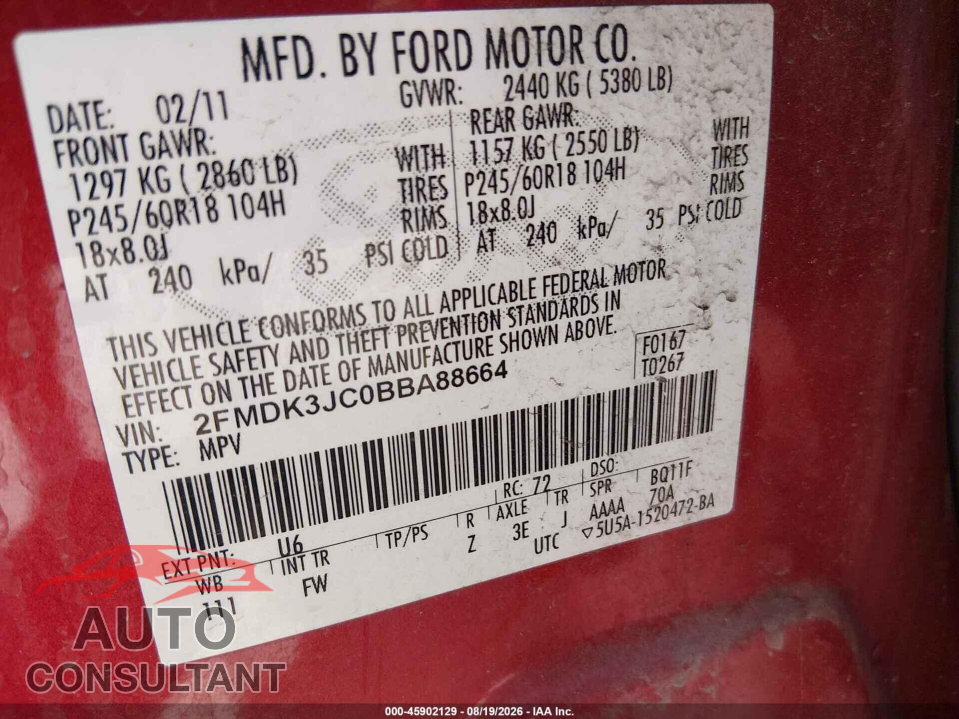 FORD EDGE 2011 - 2FMDK3JC0BBA88664