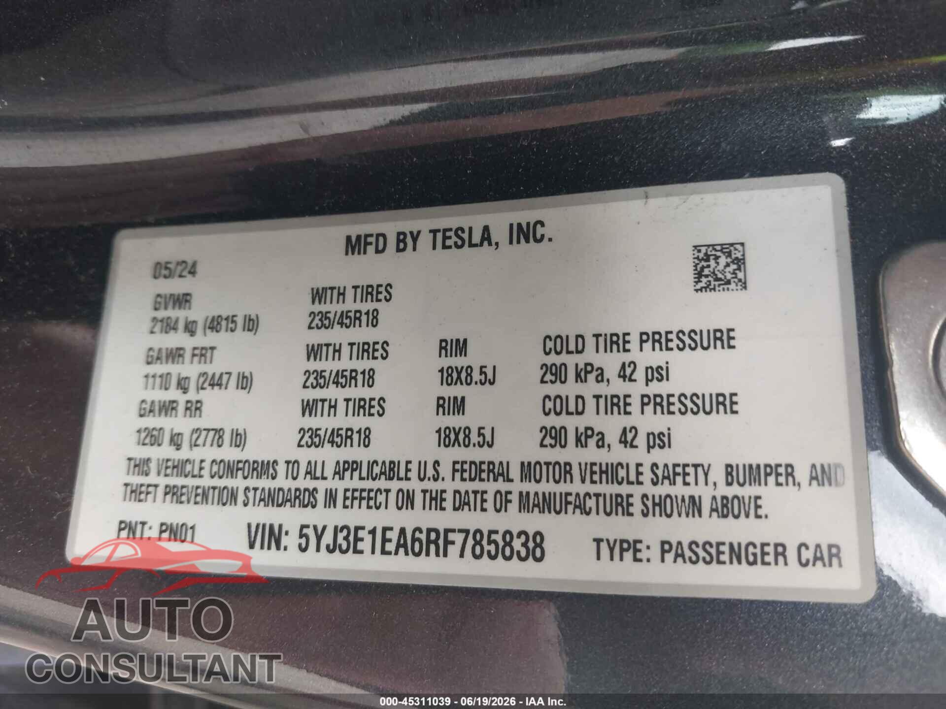 TESLA MODEL 3 2024 - 5YJ3E1EA6RF785838