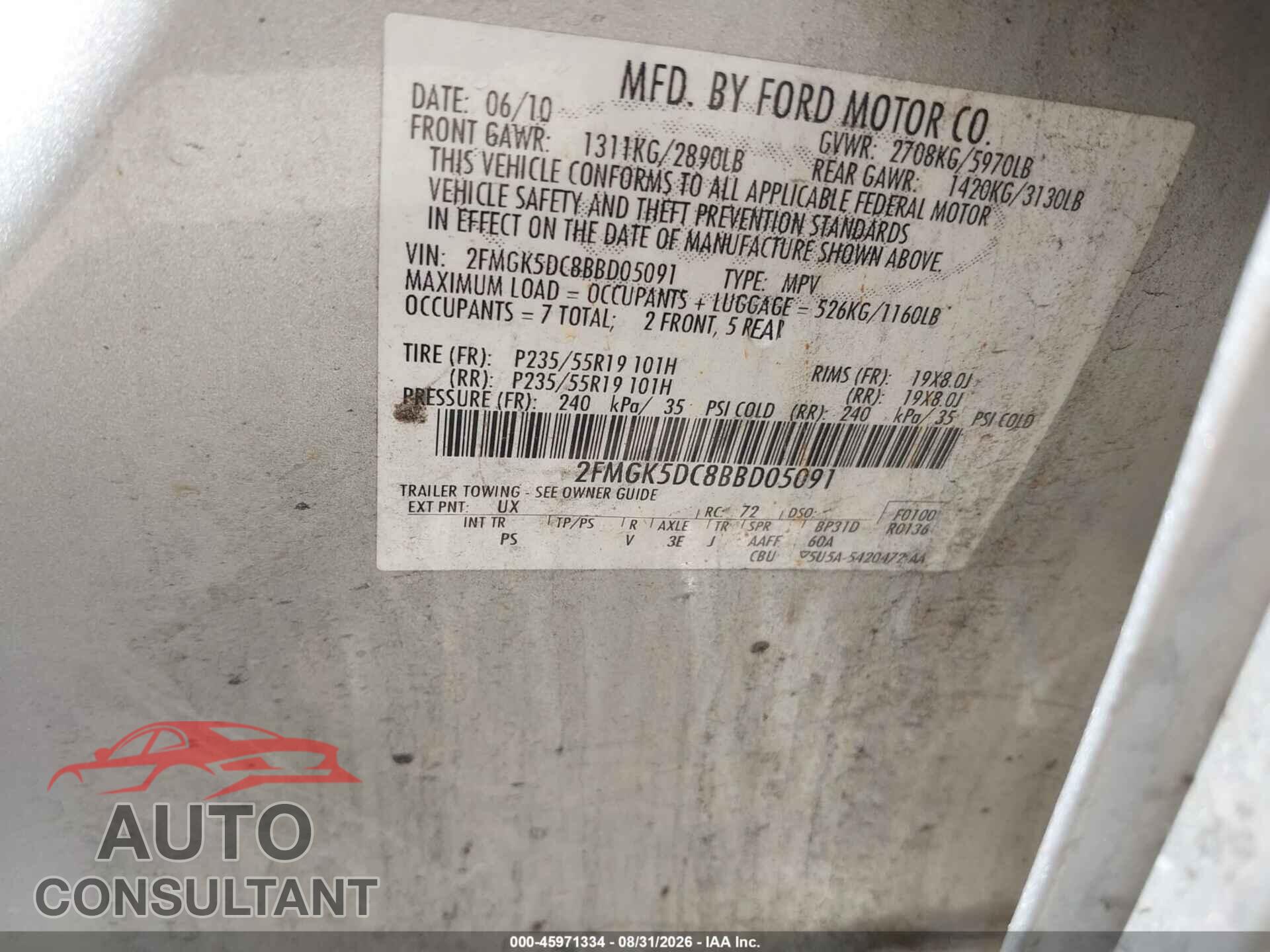 FORD FLEX 2011 - 2FMGK5DC8BBD05091