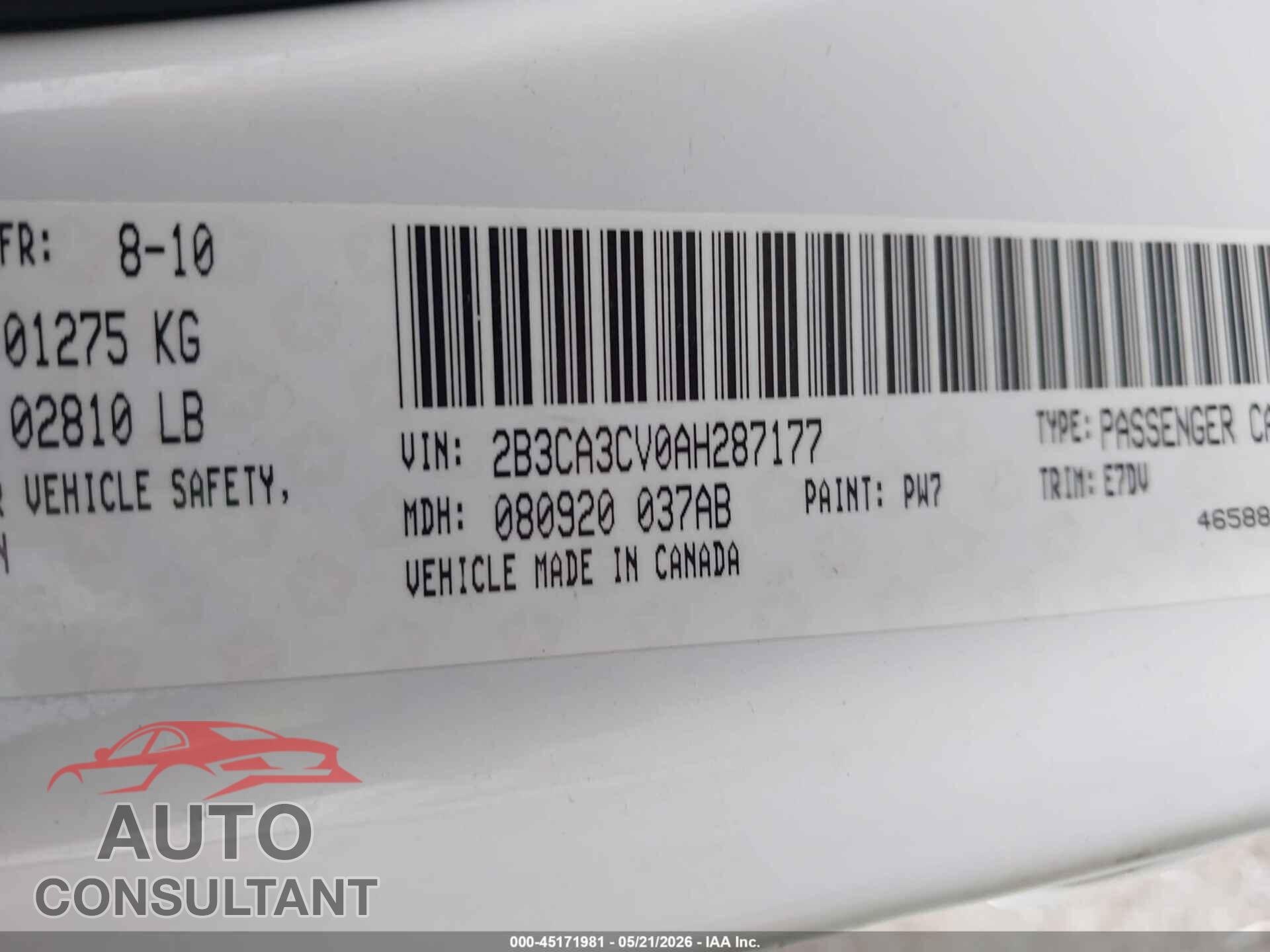 DODGE CHARGER 2010 - 2B3CA3CV0AH287177