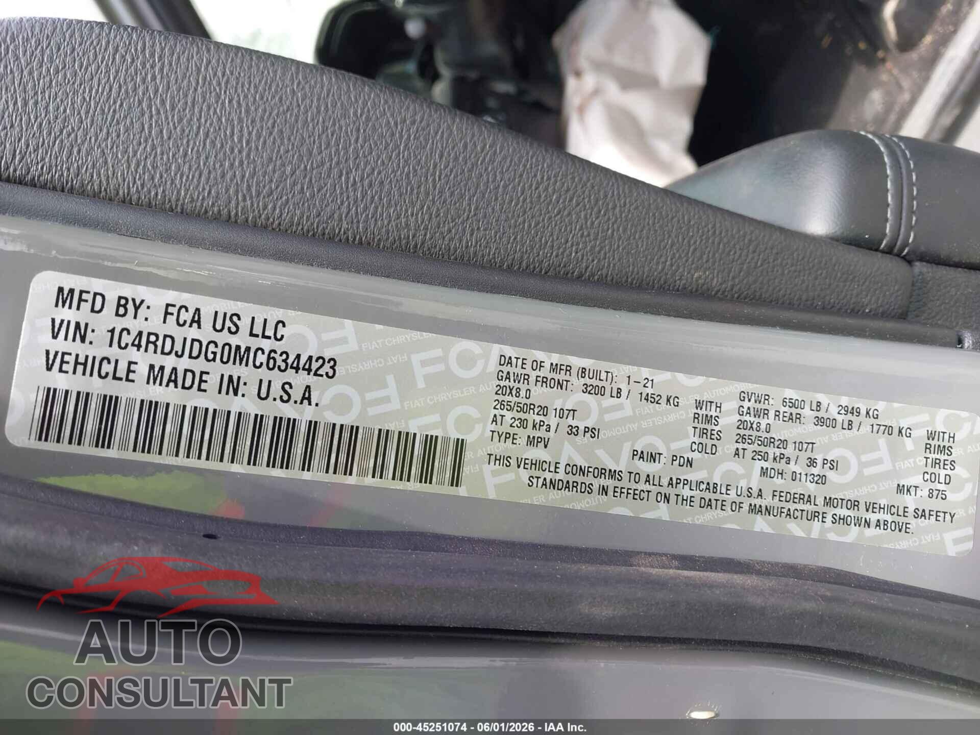 DODGE DURANGO 2021 - 1C4RDJDG0MC634423