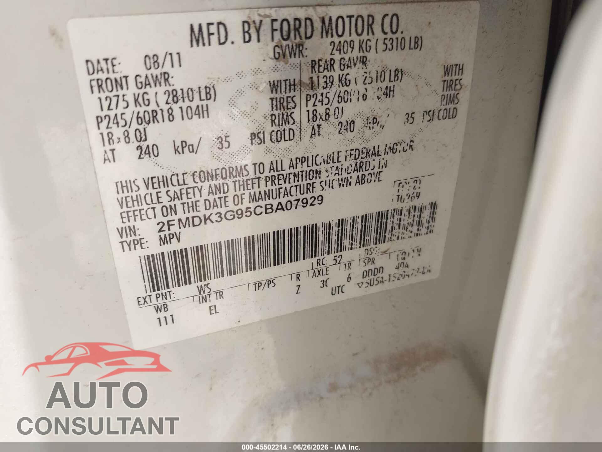 FORD EDGE 2012 - 2FMDK3G95CBA07929