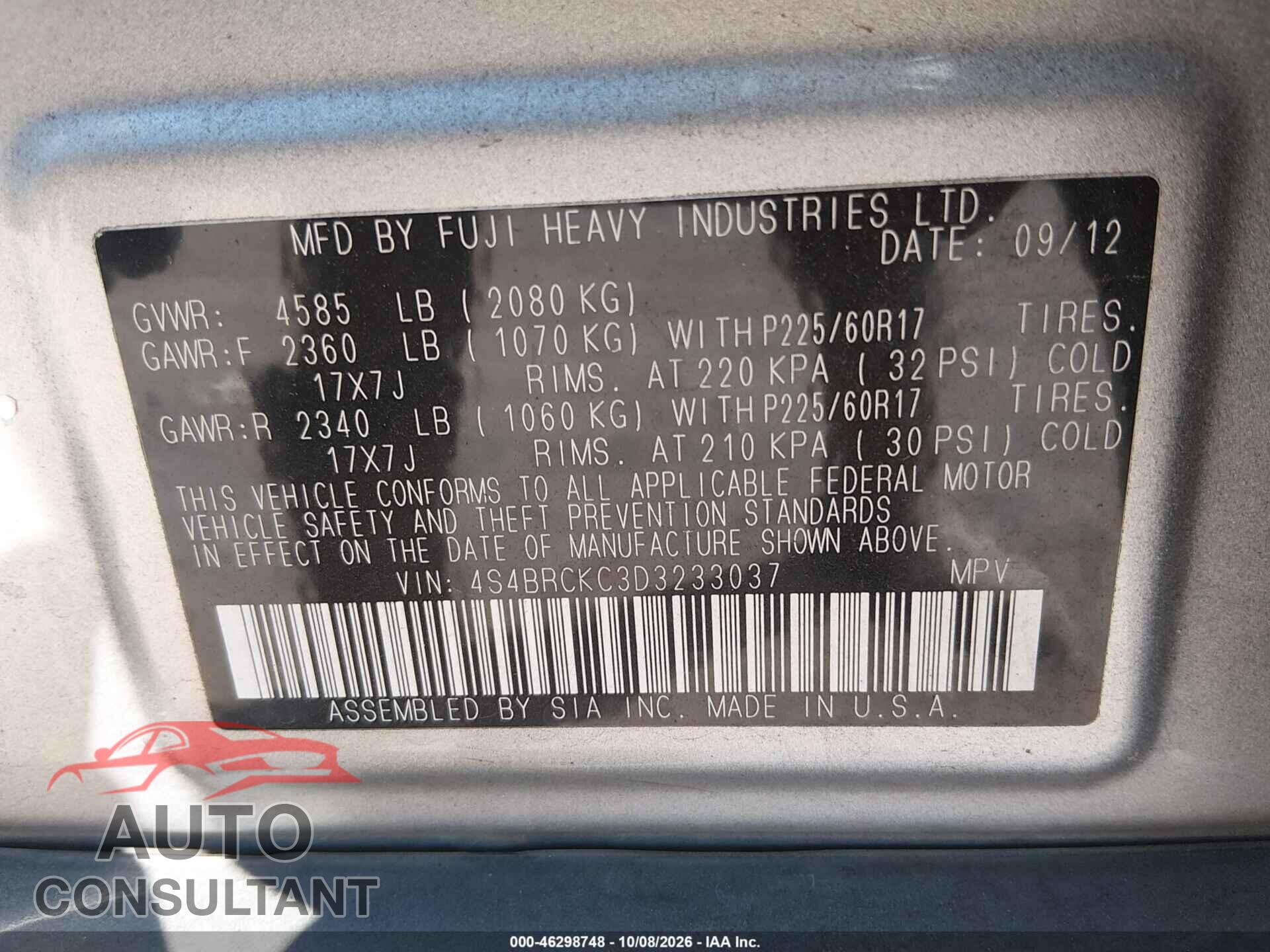 SUBARU OUTBACK 2013 - 4S4BRCKC3D3233037