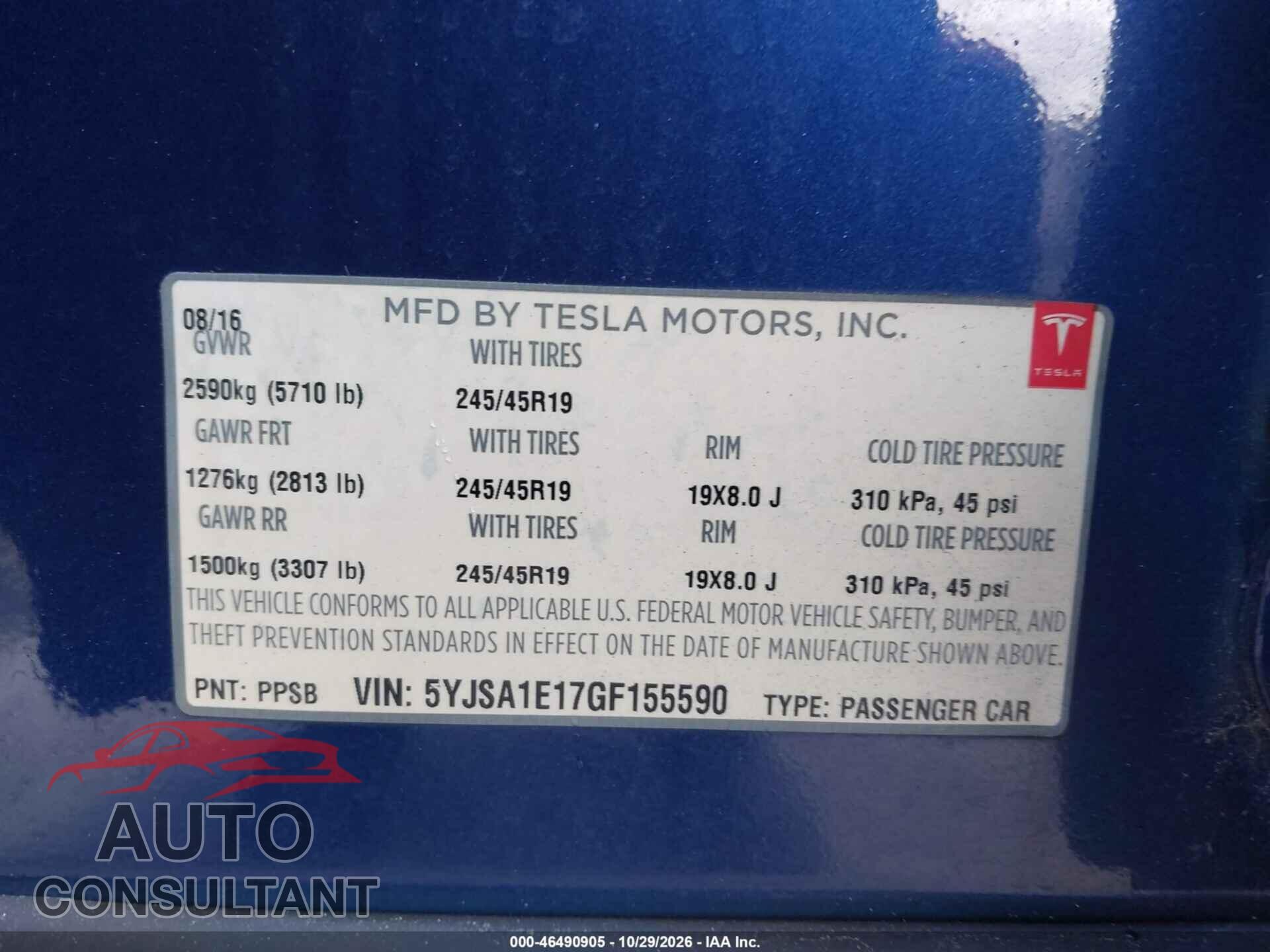 TESLA MODEL S 2016 - 5YJSA1E17GF155590