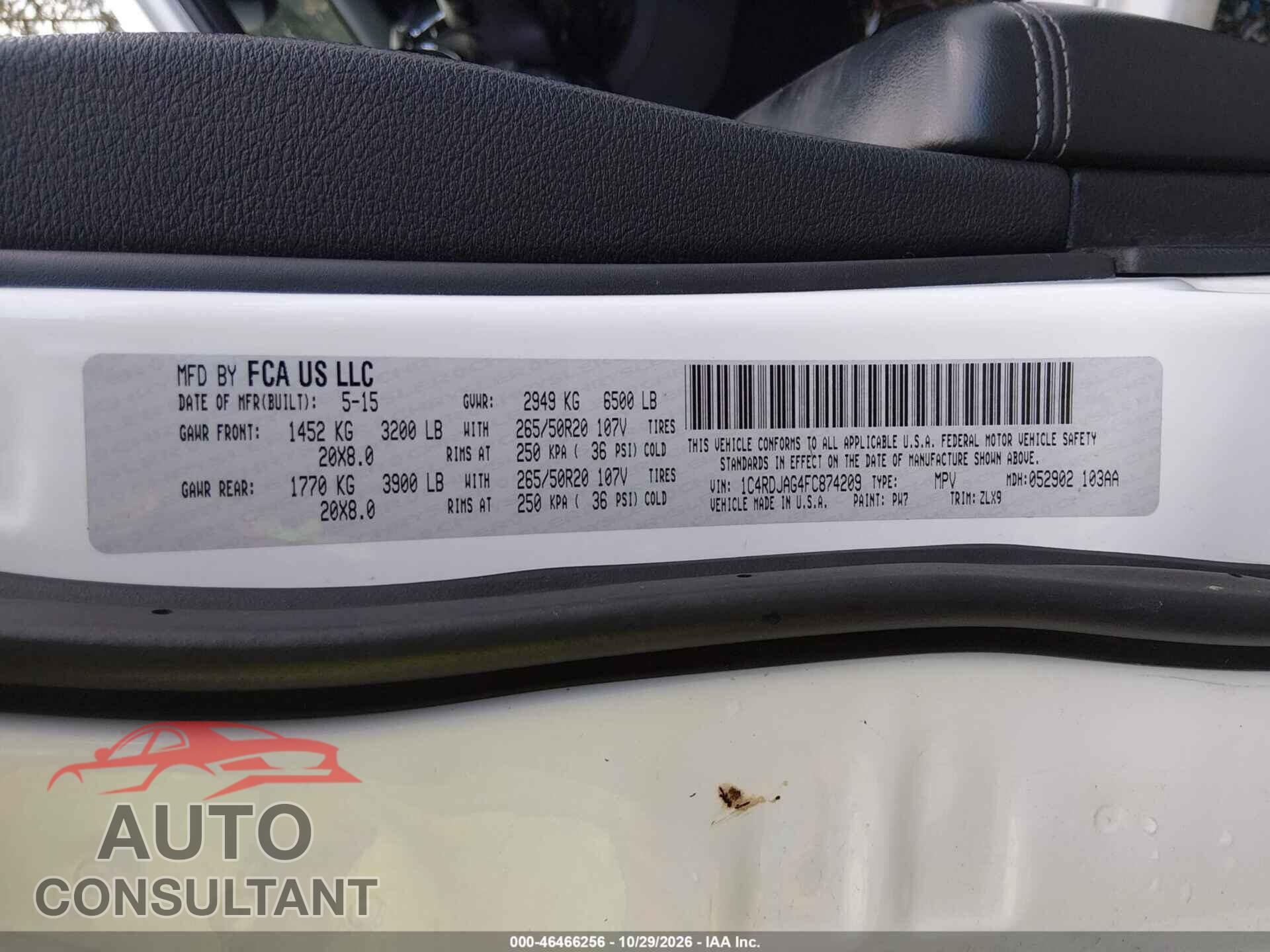 DODGE DURANGO 2015 - 1C4RDJAG4FC874209