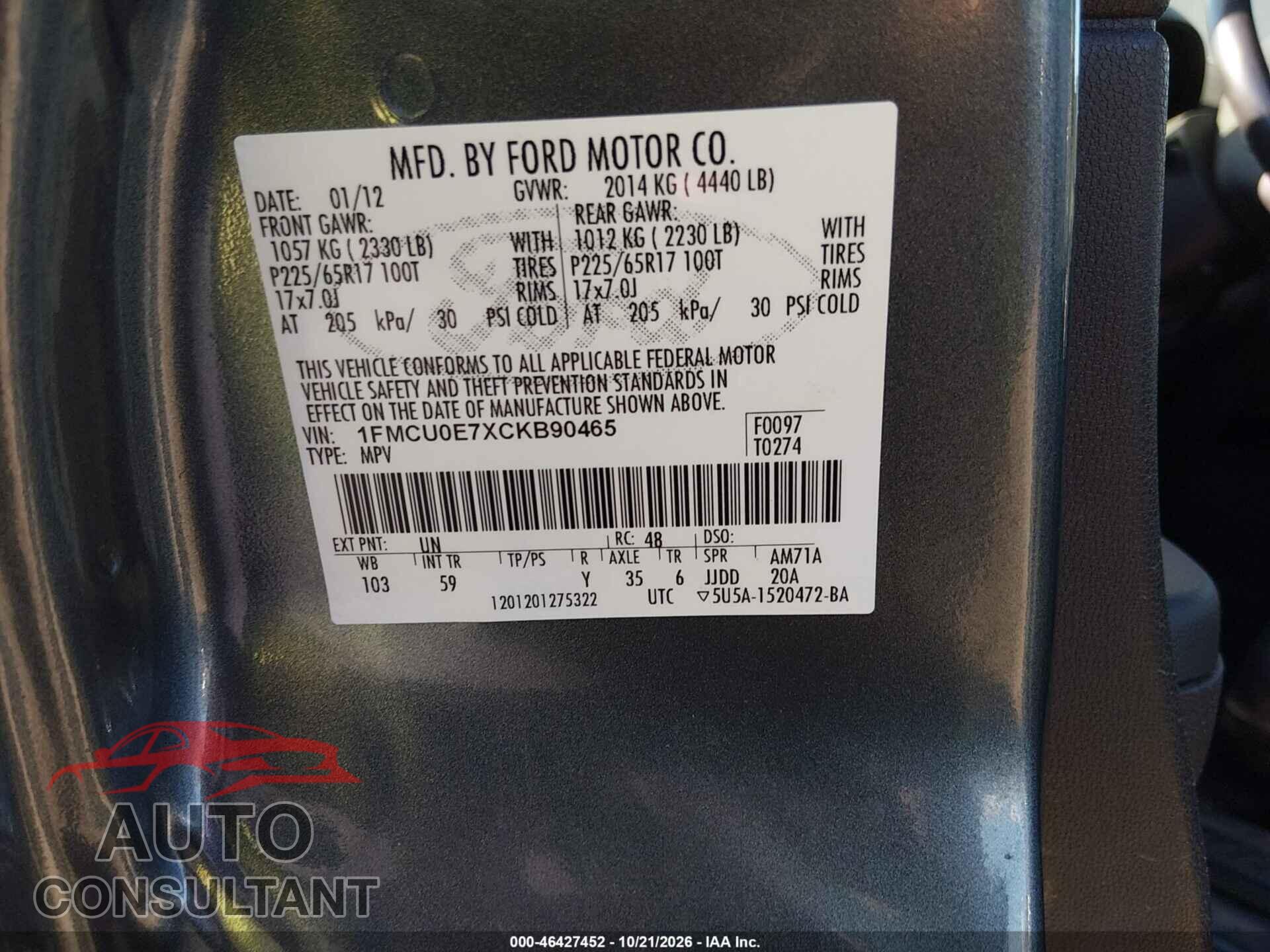FORD ESCAPE 2012 - 1FMCU0E7XCKB90465