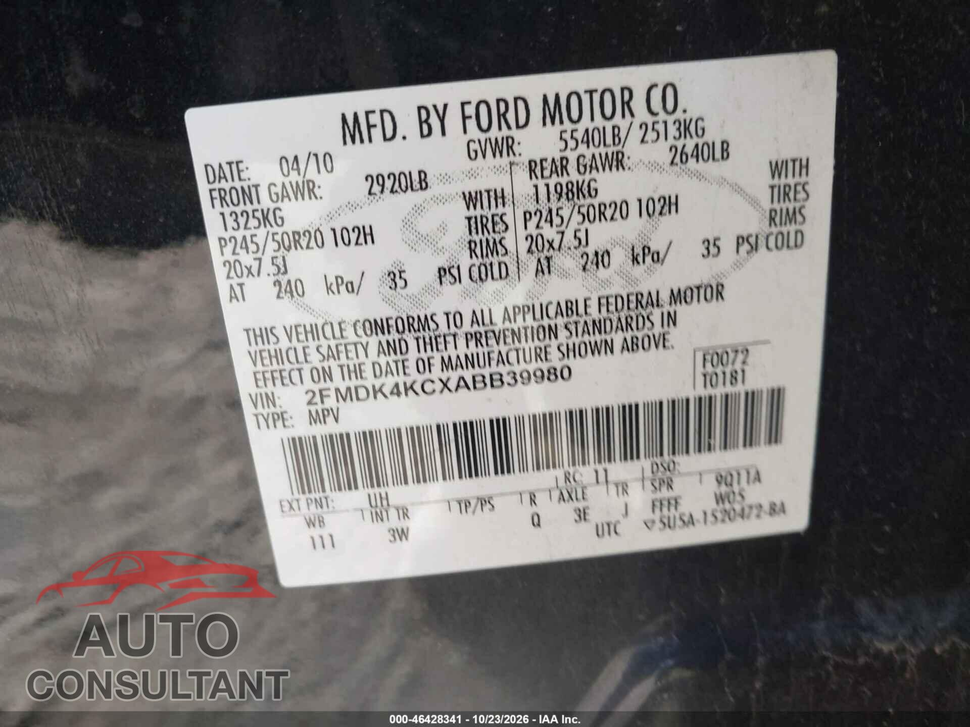 FORD EDGE 2010 - 2FMDK4KCXABB39980