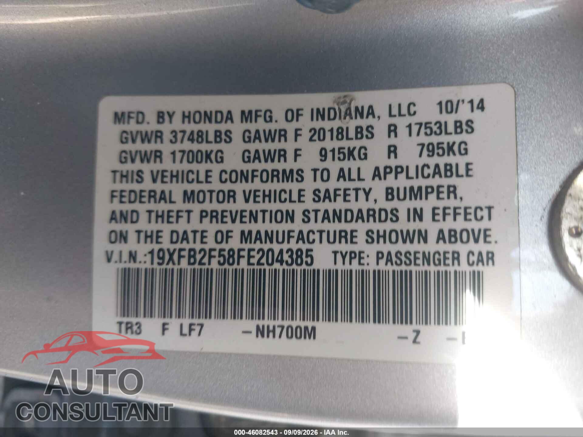 HONDA CIVIC 2015 - 19XFB2F58FE204385