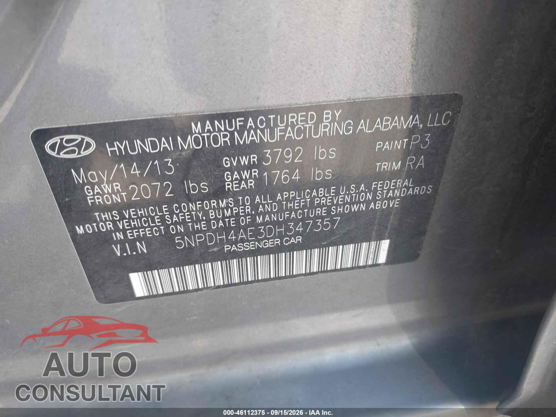 HYUNDAI ELANTRA 2013 - 5NPDH4AE3DH347357