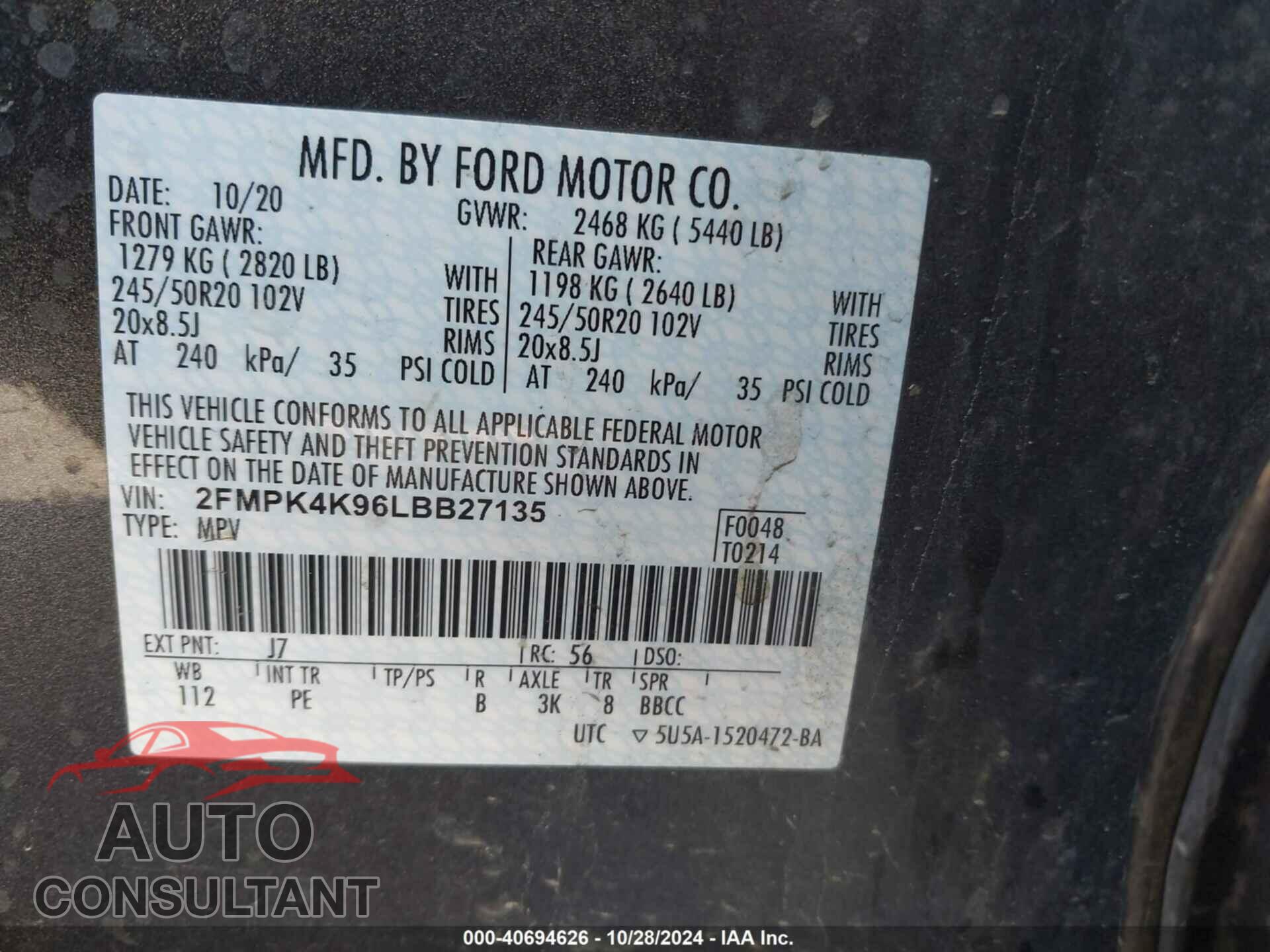 FORD EDGE 2020 - 2FMPK4K96LBB27135