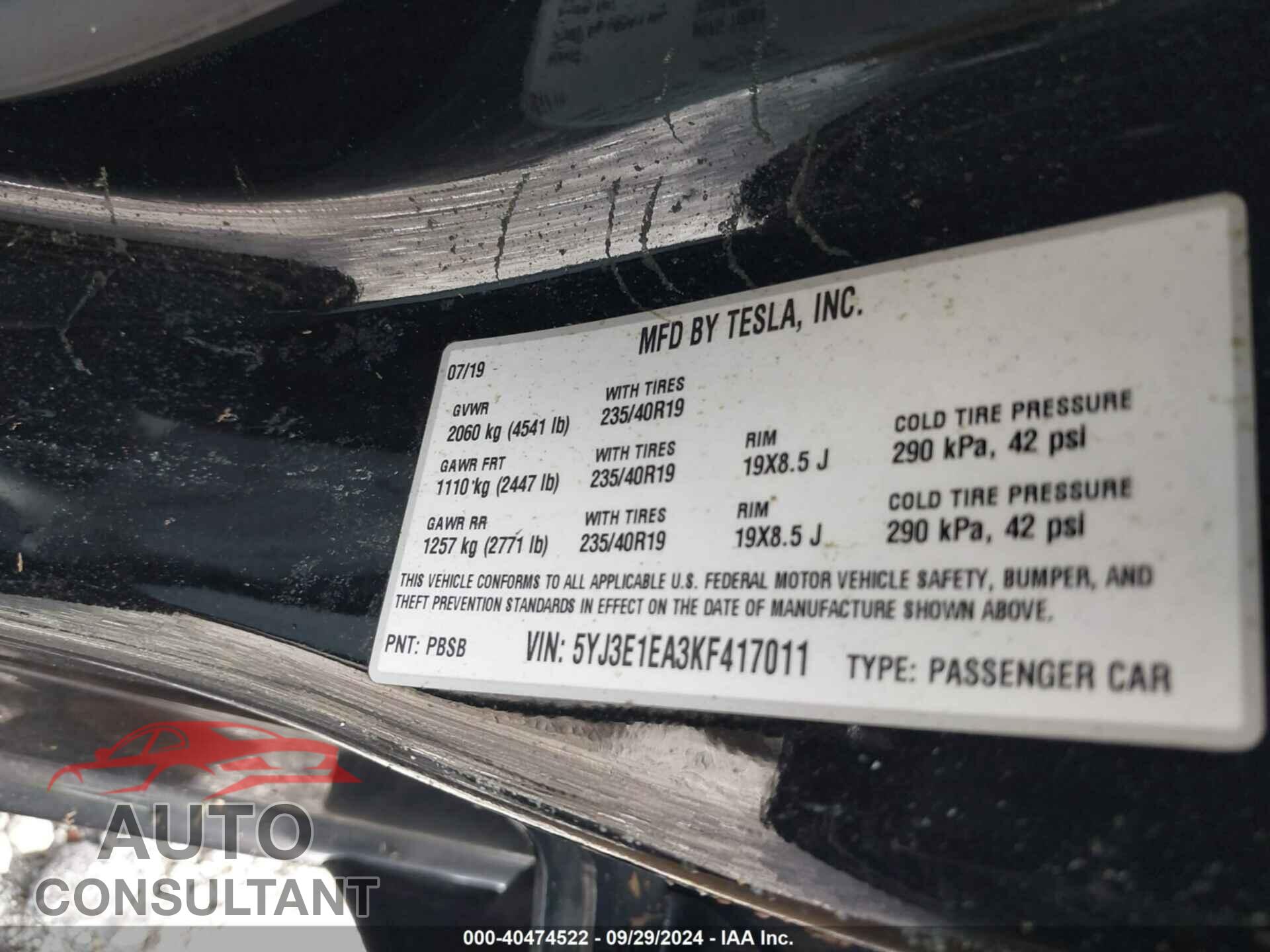 TESLA MODEL 3 2019 - 5YJ3E1EA3KF417011