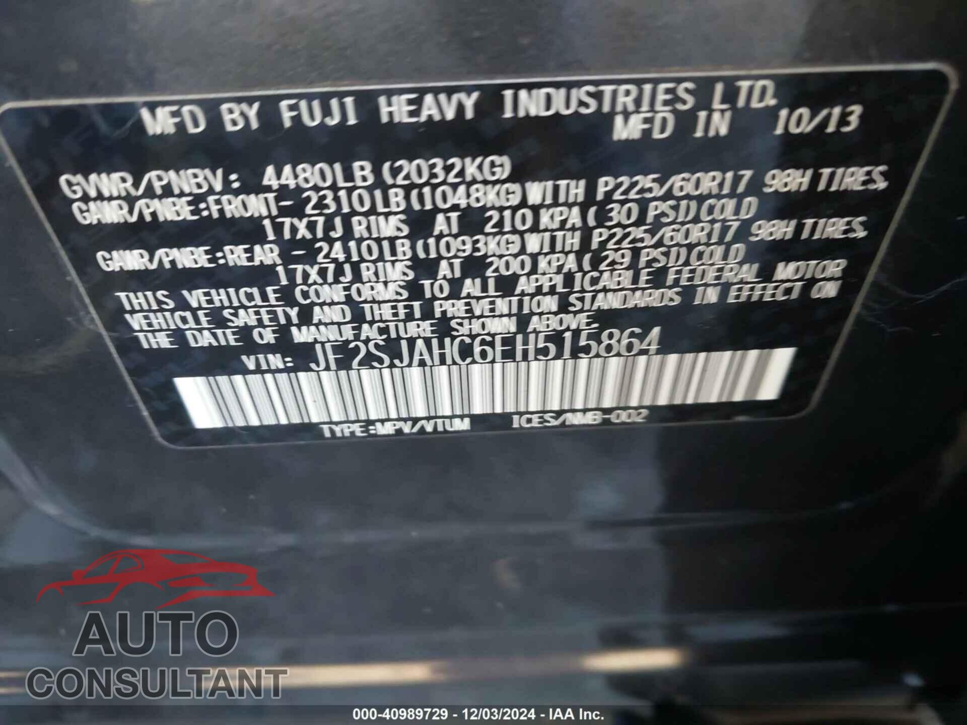 SUBARU FORESTER 2014 - JF2SJAHC6EH515864