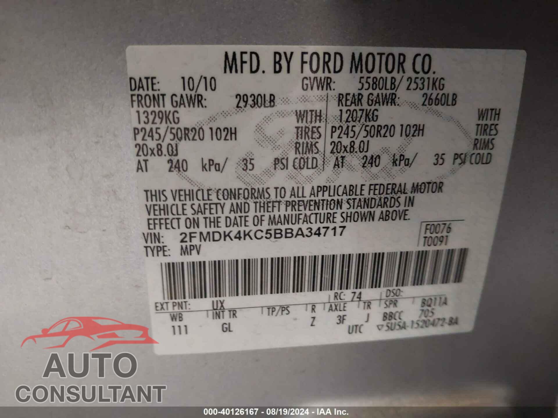 FORD EDGE 2011 - 2FMDK4KC5BBA34717
