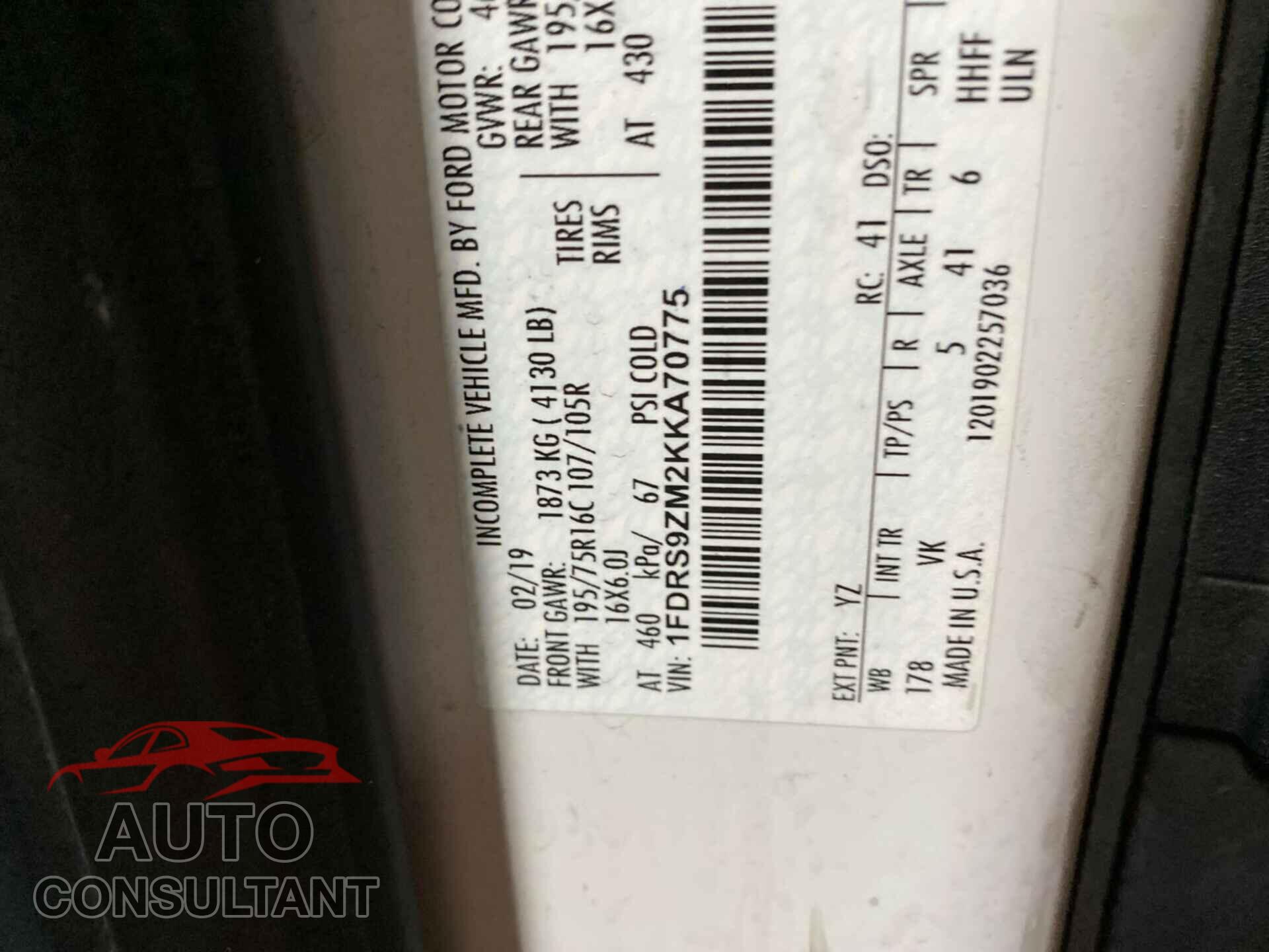 FORD TRANSIT 2019 - 1FDRS9ZM2KKA70775